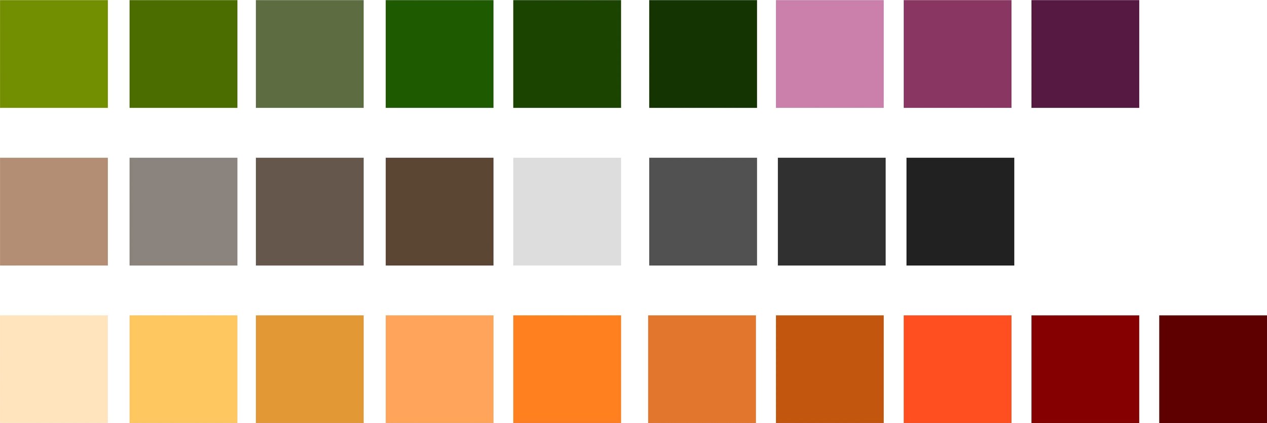 Color palette featuring rows of color swatches in shades of green, gray, beige, yellow, orange, and red.