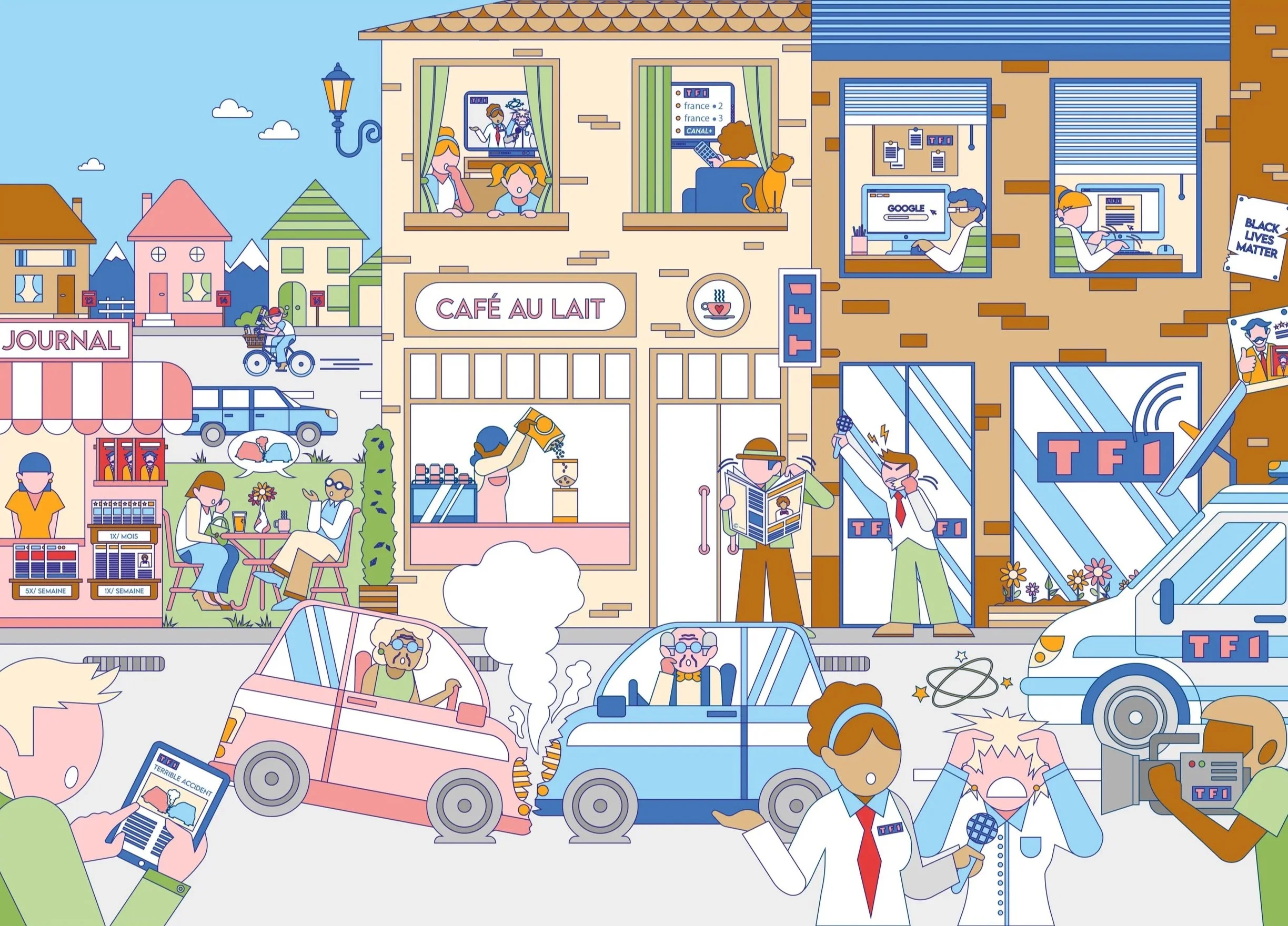 A colorful cartoon city street scene with various buildings, people engaging in different activities, cars, and media personnel. People are reading newspapers, working at computers, biking, and having coffee. The scene includes a café, a newsstand, a