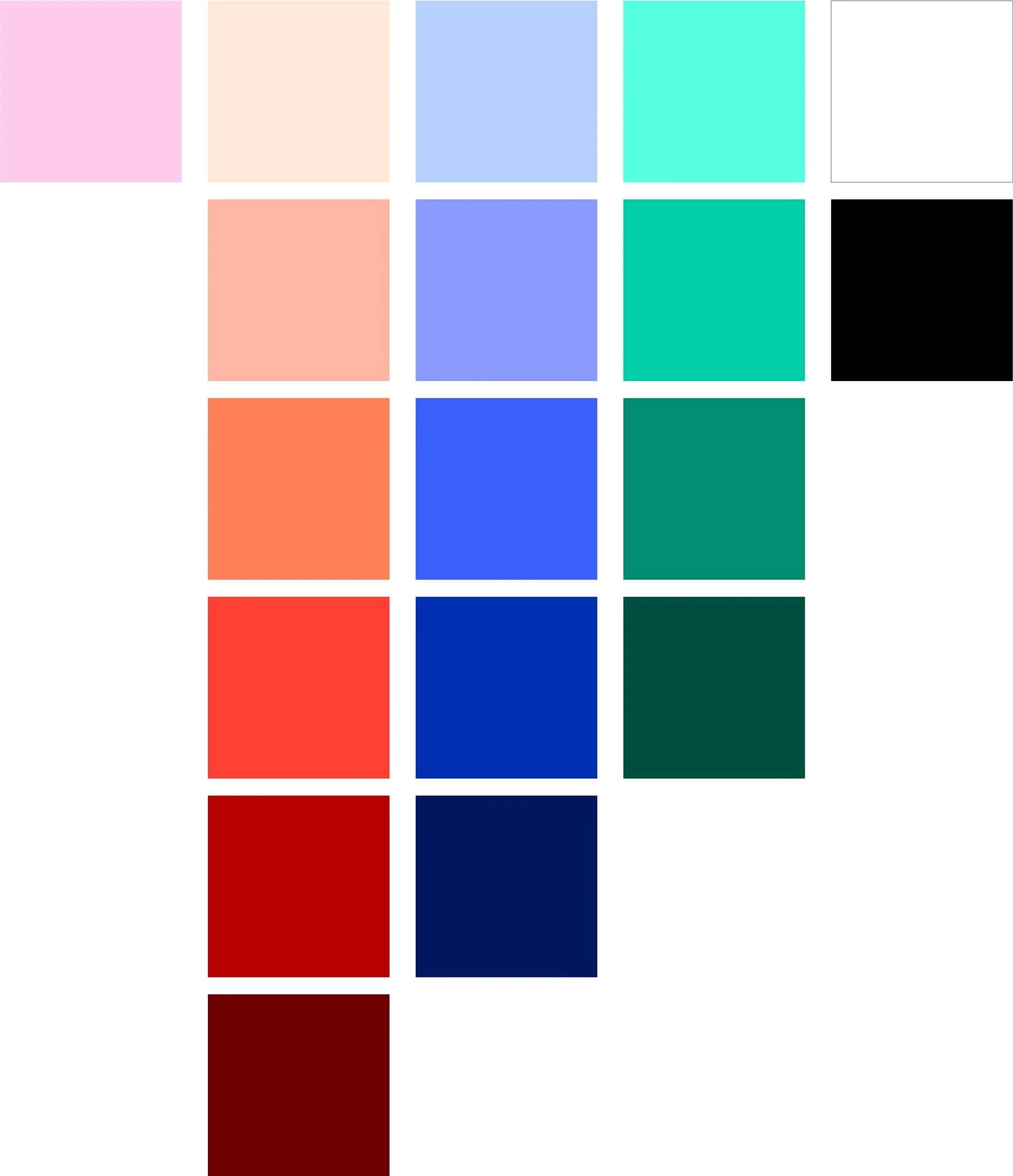 Color palette with 20 color squares arranged in a grid pattern, including shades of pink, beige, blue, turquoise, black, teal, orange, red, and maroon.