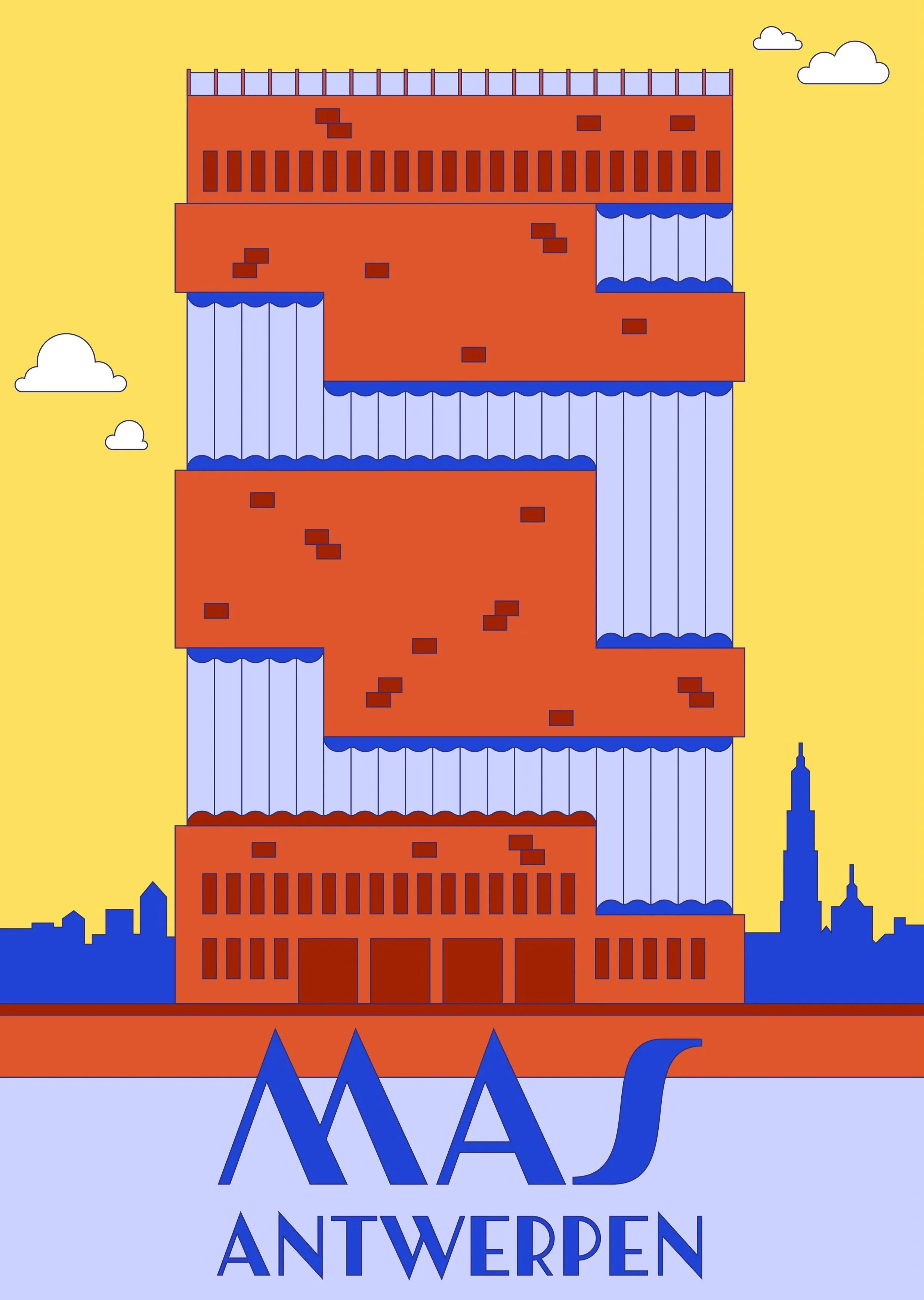 Illustration of the MAS building in Antwerp, Belgium, depicted in a simplified, colorful style with yellow sky, cityscape silhouettes, and the word "MAS" with "Antwerpen" below.