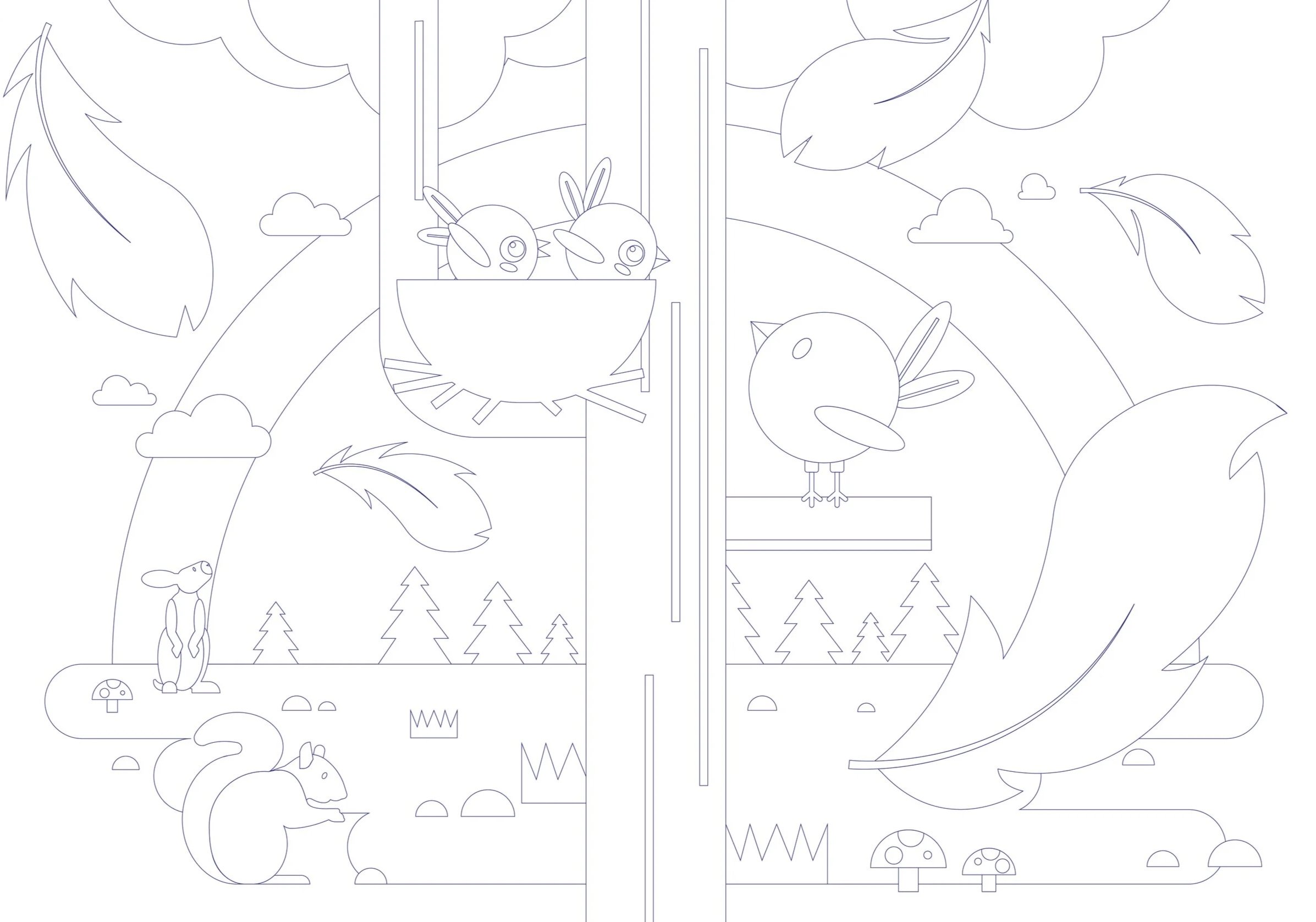 Line drawing of birds and a rabbit in a nature scene, with a rainbow, trees, clouds, mushrooms, and flying leaves.