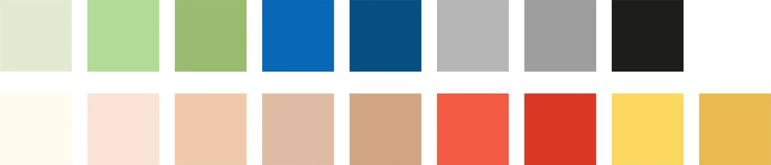 A color palette of 16 color swatches arranged in two rows, including shades of green, blue, gray, black, white, beige, red, and yellow.
