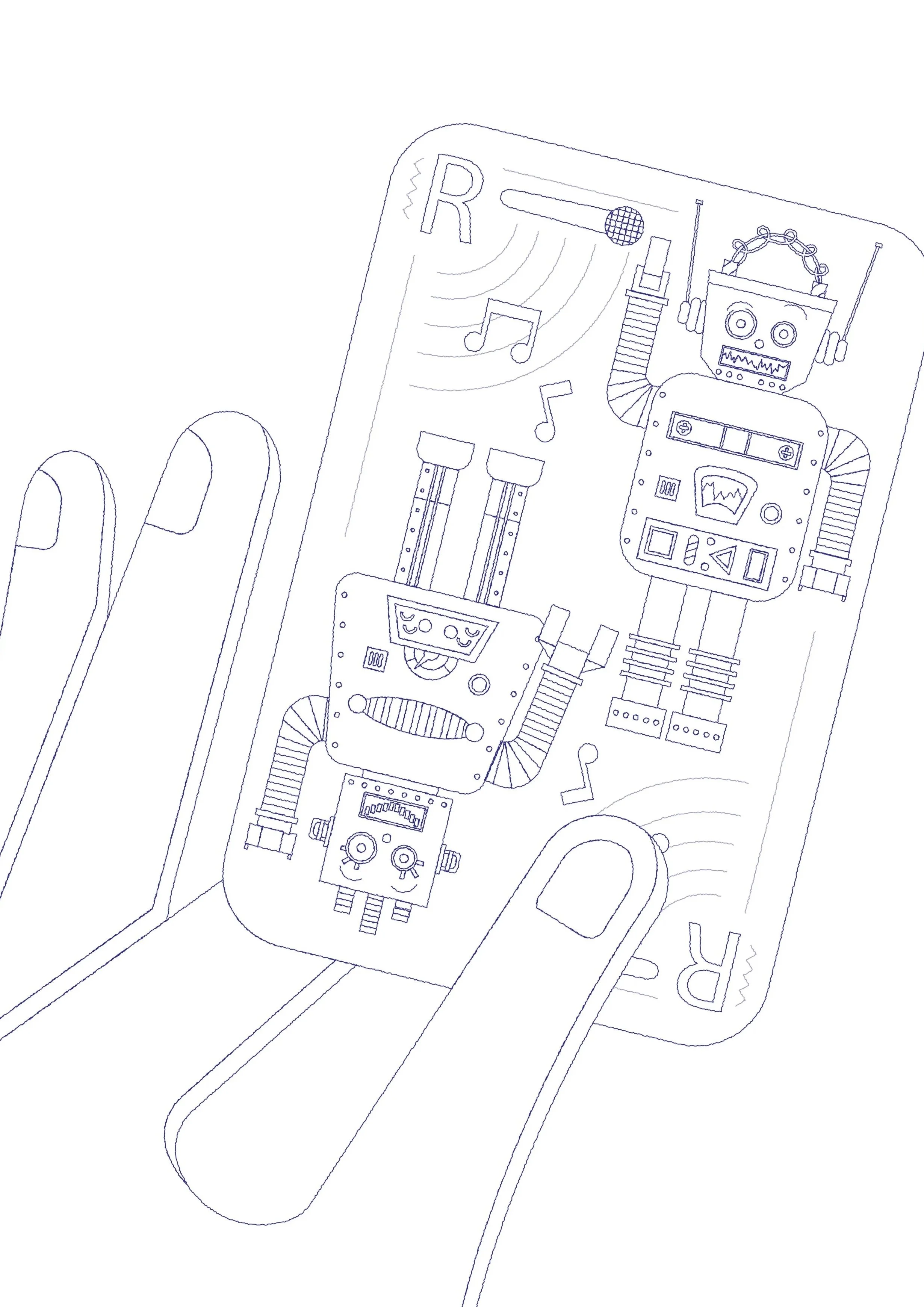 A line drawing of a remote control with cartoon robot characters and musical notes on it.