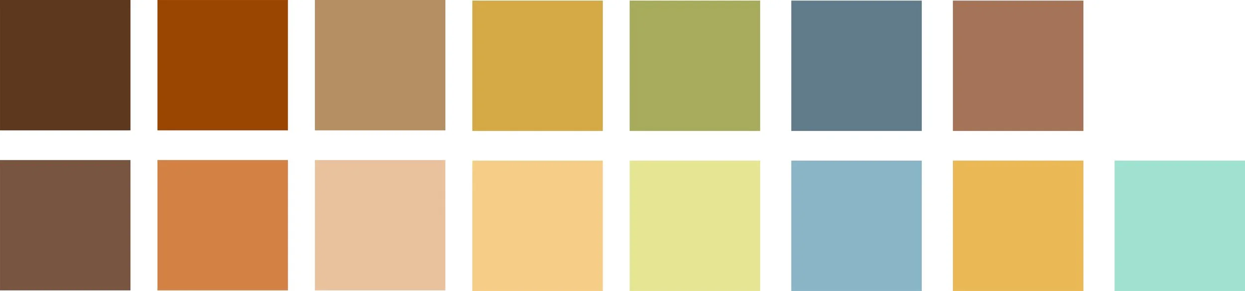 A color palette featuring 16 rectangular swatches of various earthy and muted tones arranged in two rows.