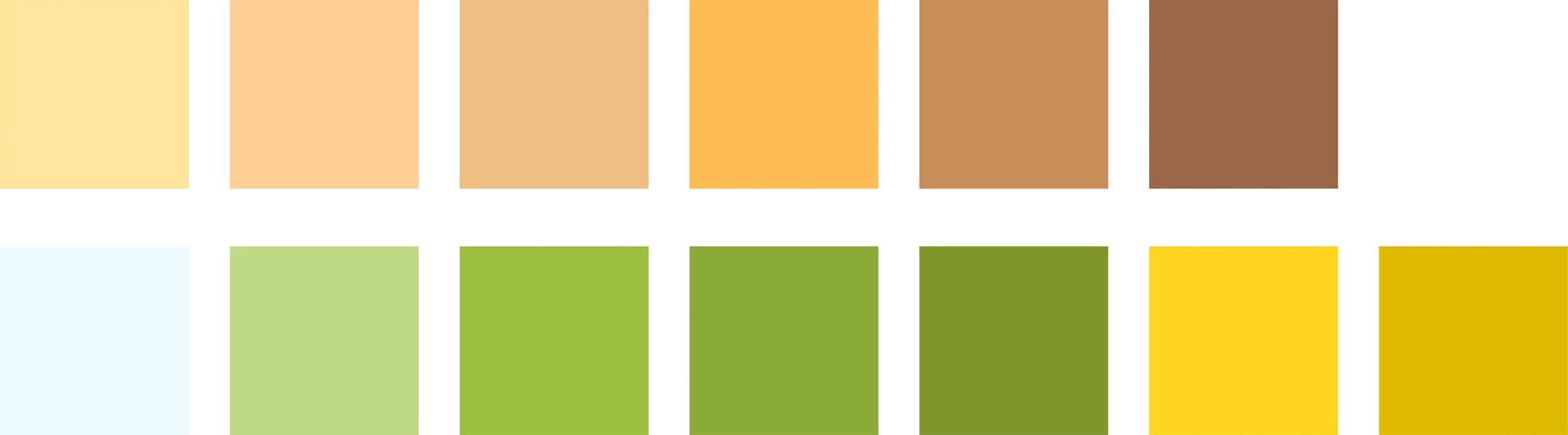 Color palette with shades of yellow, peach, brown, green, and yellow