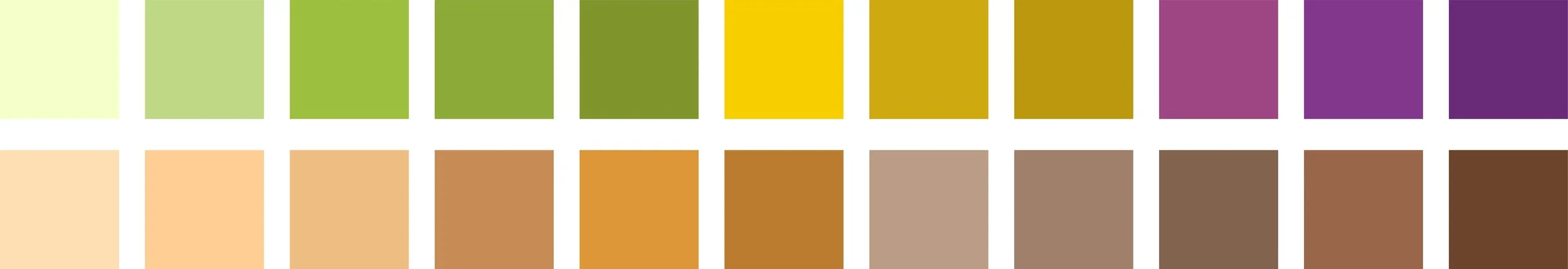 Color palette with colors ranging from pale yellow, green shades, yellow, brown, to purple, arranged in two rows.