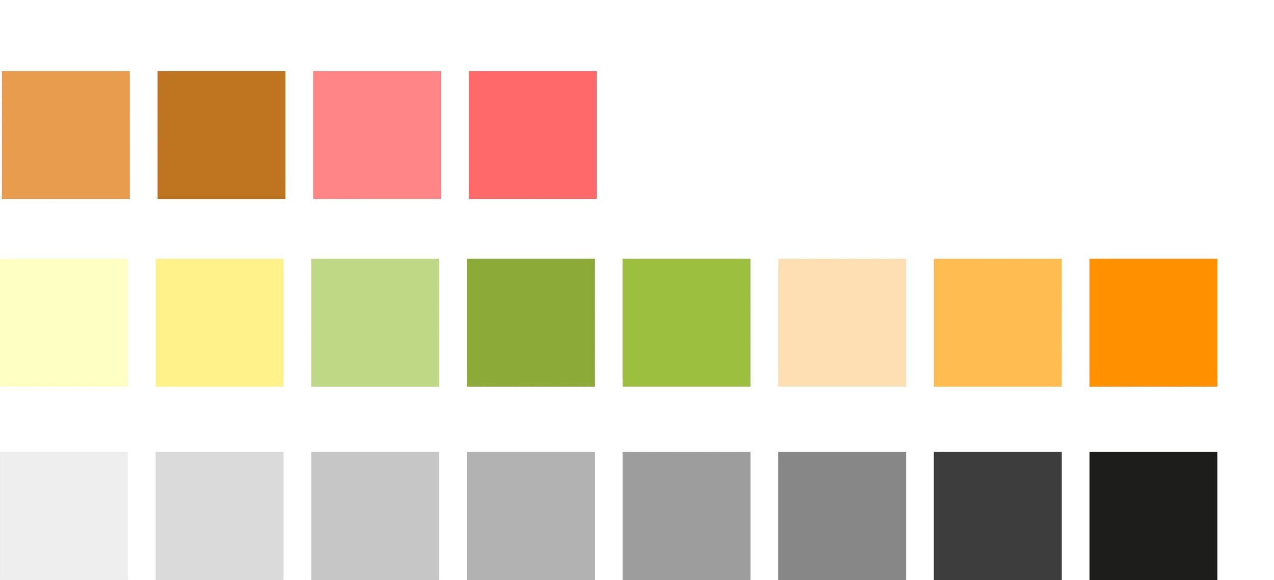 A color palette with four rows of square swatches. The top row features shades of brown and pink, the second row includes shades of yellow and green, the third row displays shades of light gray and peach, and the bottom row has shades of gray and bla