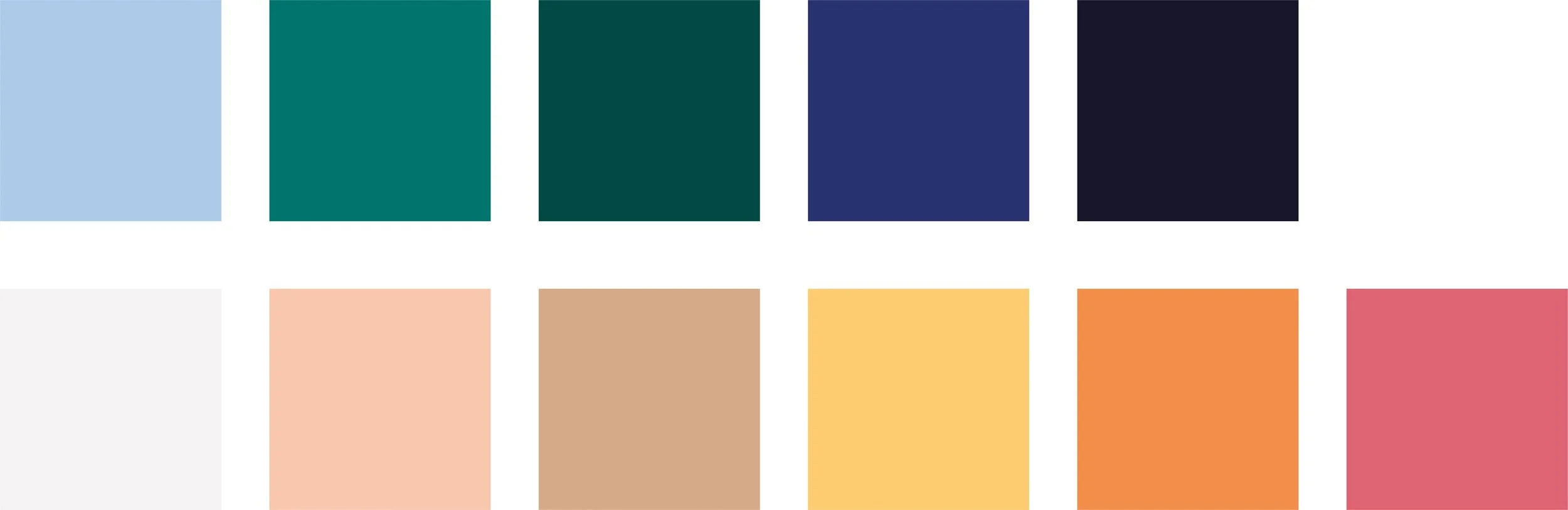 A color palette with ten rectangular color swatches arranged in two rows, featuring shades of blue, green, beige, yellow, orange, and pink.