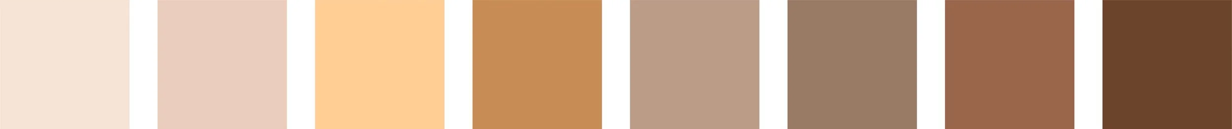 A color palette with eight vertical stripes of neutral beige, nude, peach, tan, brown, taupe, darker brown, and deep brown shades.