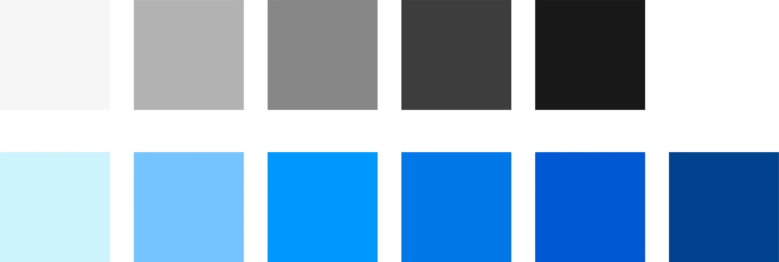 A color palette featuring five shades of gray transitioning from very light to dark, and five shades of blue transitioning from light to dark.