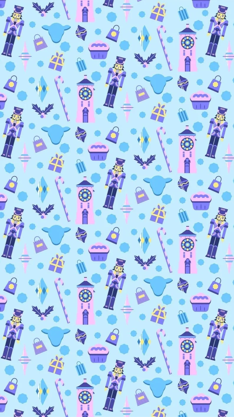 Pattern featuring nutcracker soldiers, candy canes, Christmas gift boxes, cupcakes, clocks, holly leaves, diamonds, and bear faces on a light blue background.