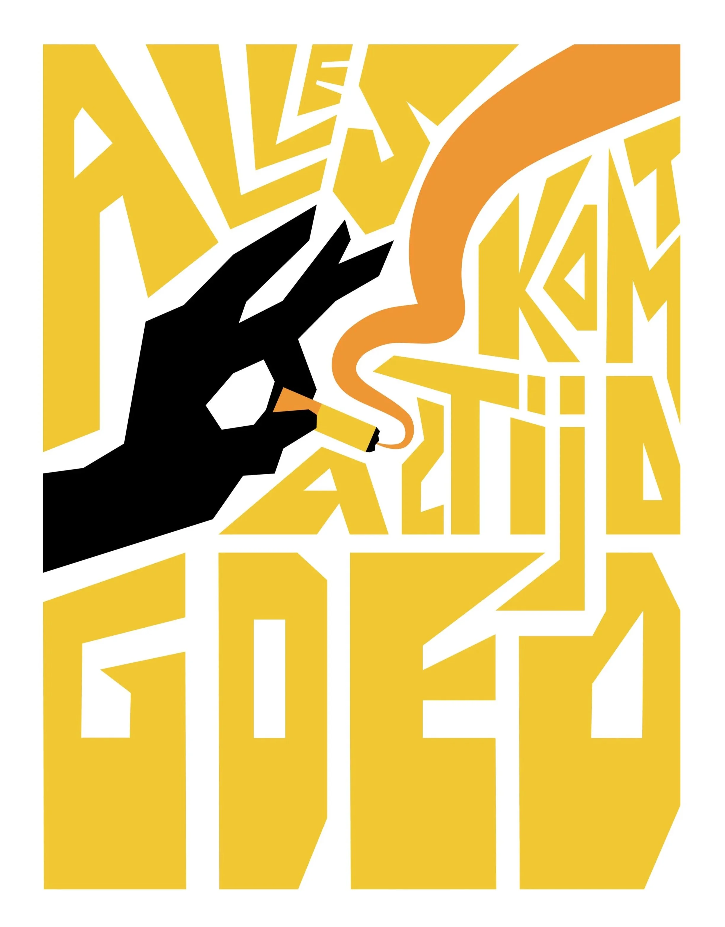 Stylized graphic of a black hand holding a lit cigarette, with smoke forming the words 'Alles komt altijd goed', using bold yellow and orange colors.