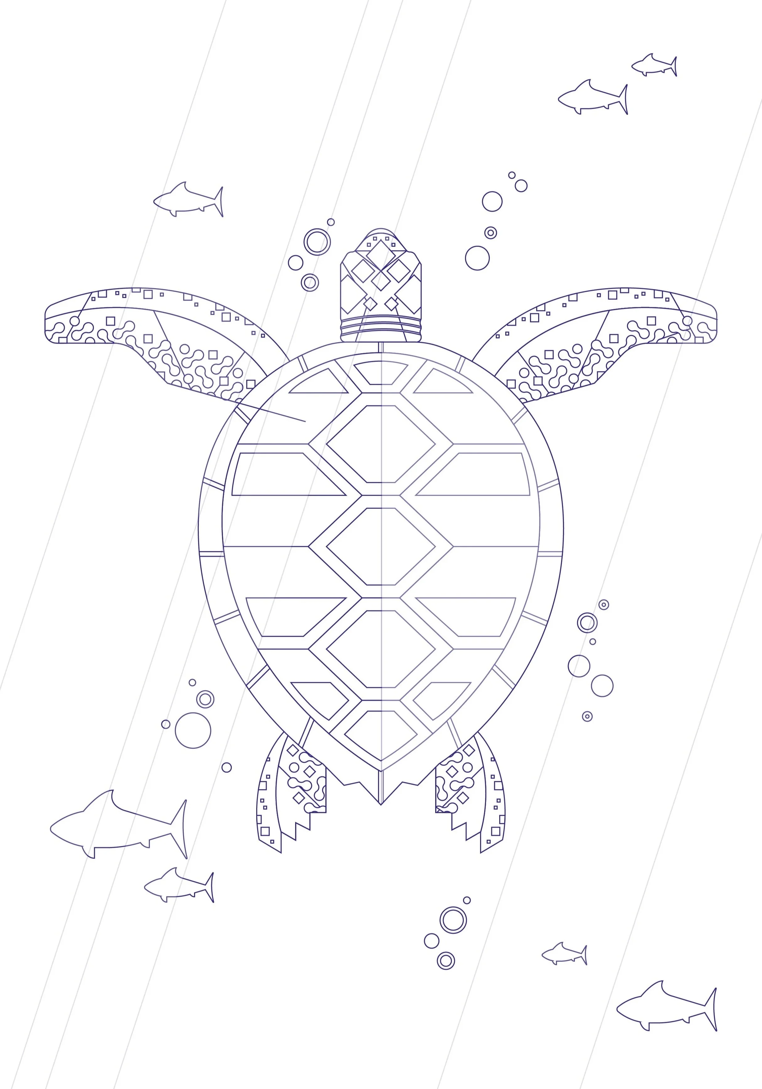 Line drawing of a sea turtle swimming underwater with several smaller fish and bubbles around it.