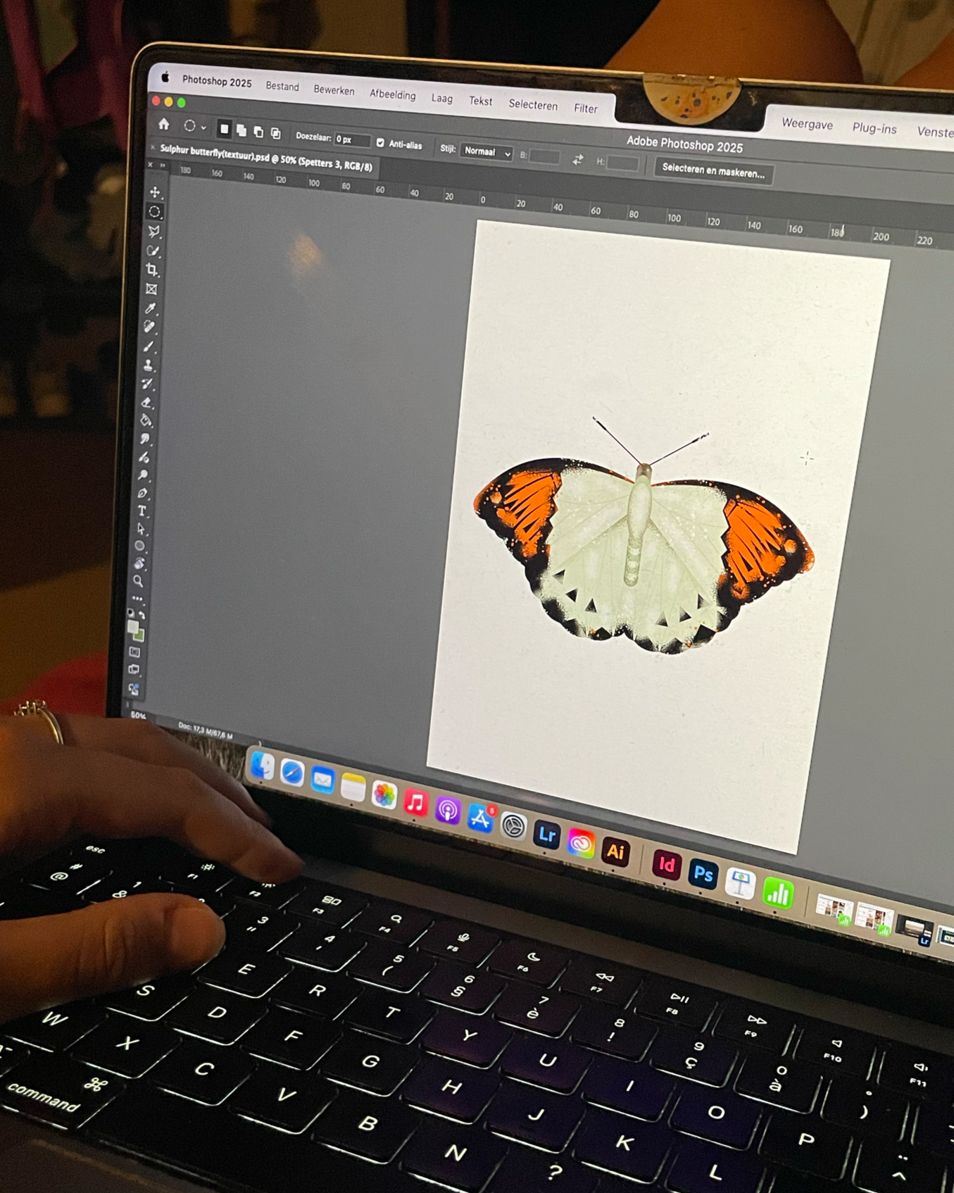 A person using a laptop with Adobe Photoshop open, editing an image of a butterfly with colorful orange, black, and white wings.