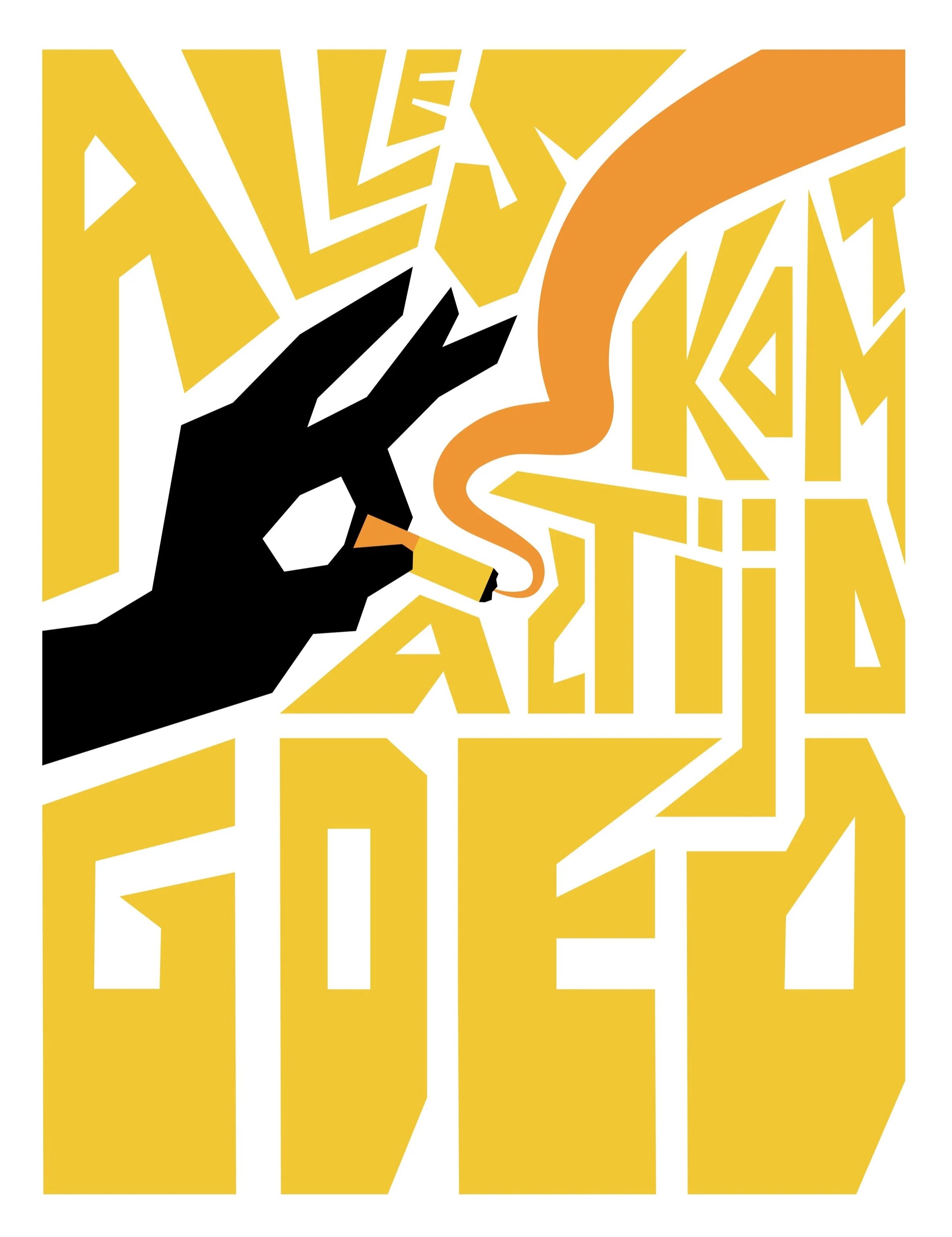 Illustration of a black hand holding a lit cigarette with orange smoke against a yellow background with stylized text.