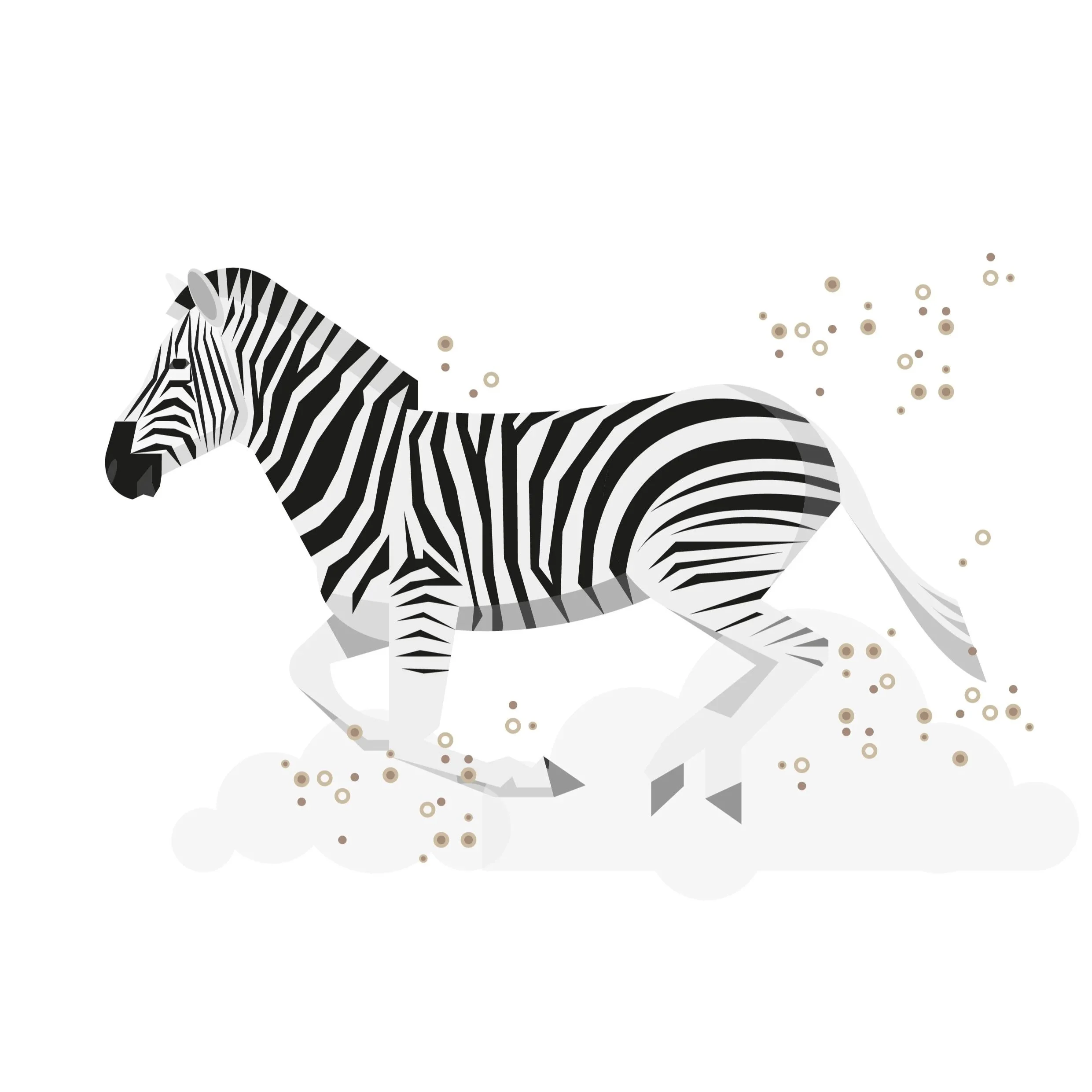 Illustration of a zebra running, kicking up dust with a white background.