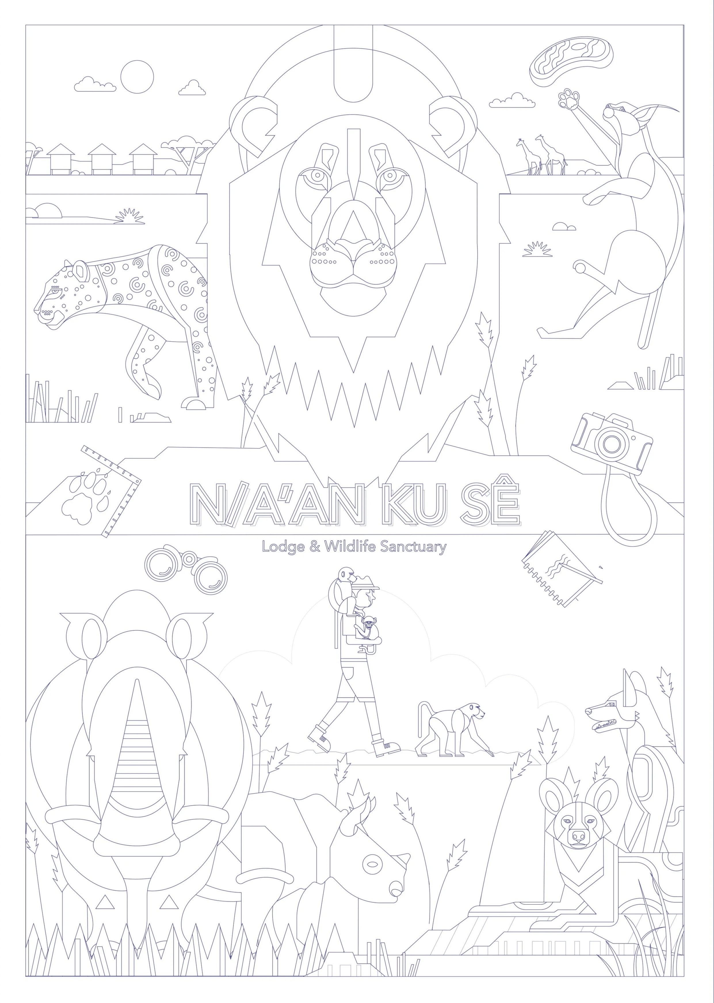 Line art illustration of a wildlife sanctuary with various animals, nature scenes, and a person with a baboon, along with the text 'NA'AN KU SÉ' and 'Lodge & Wildlife Sanctuary'