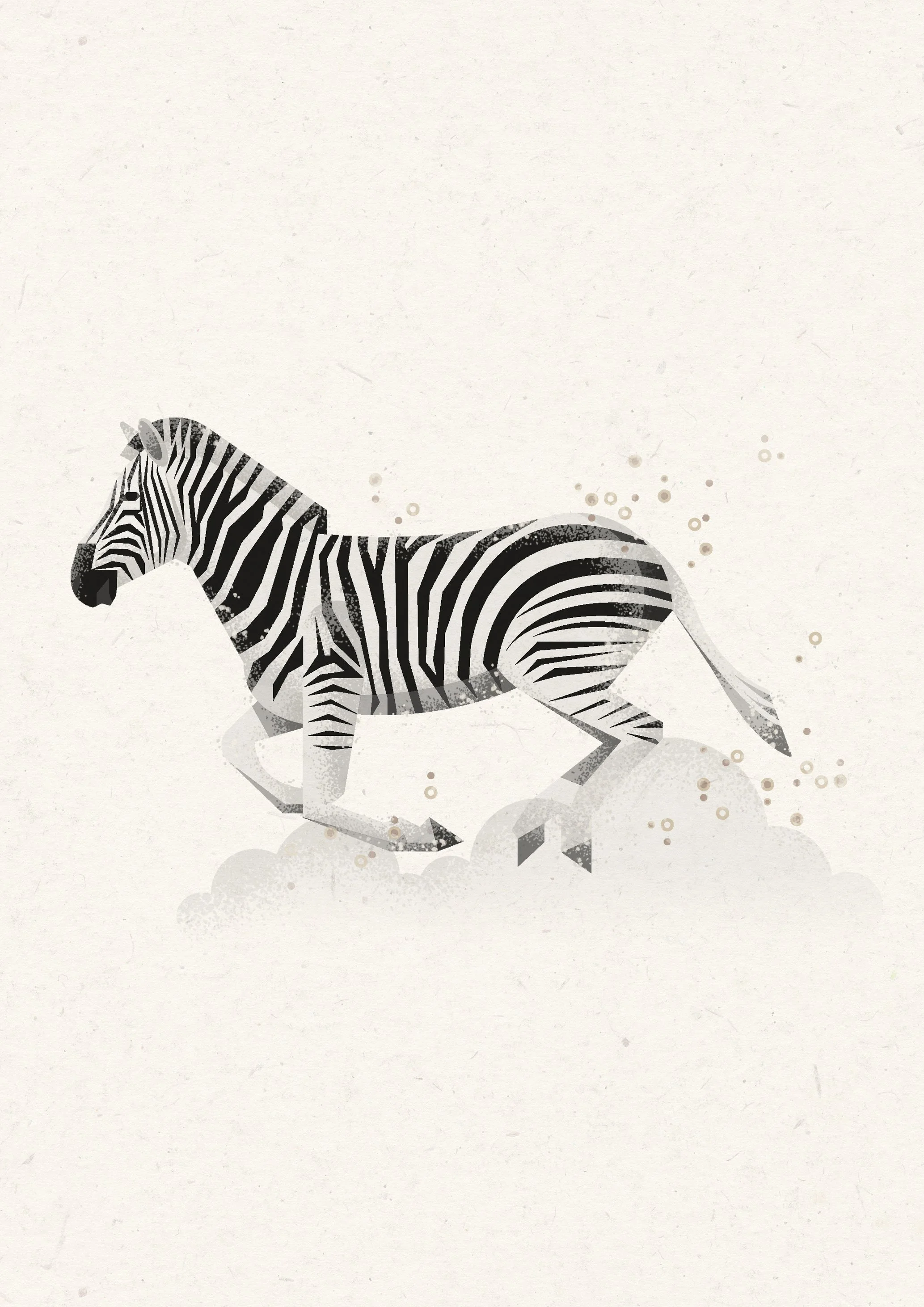 Illustration of a zebra running, with a minimalist, textured background and subtle spotted details.
