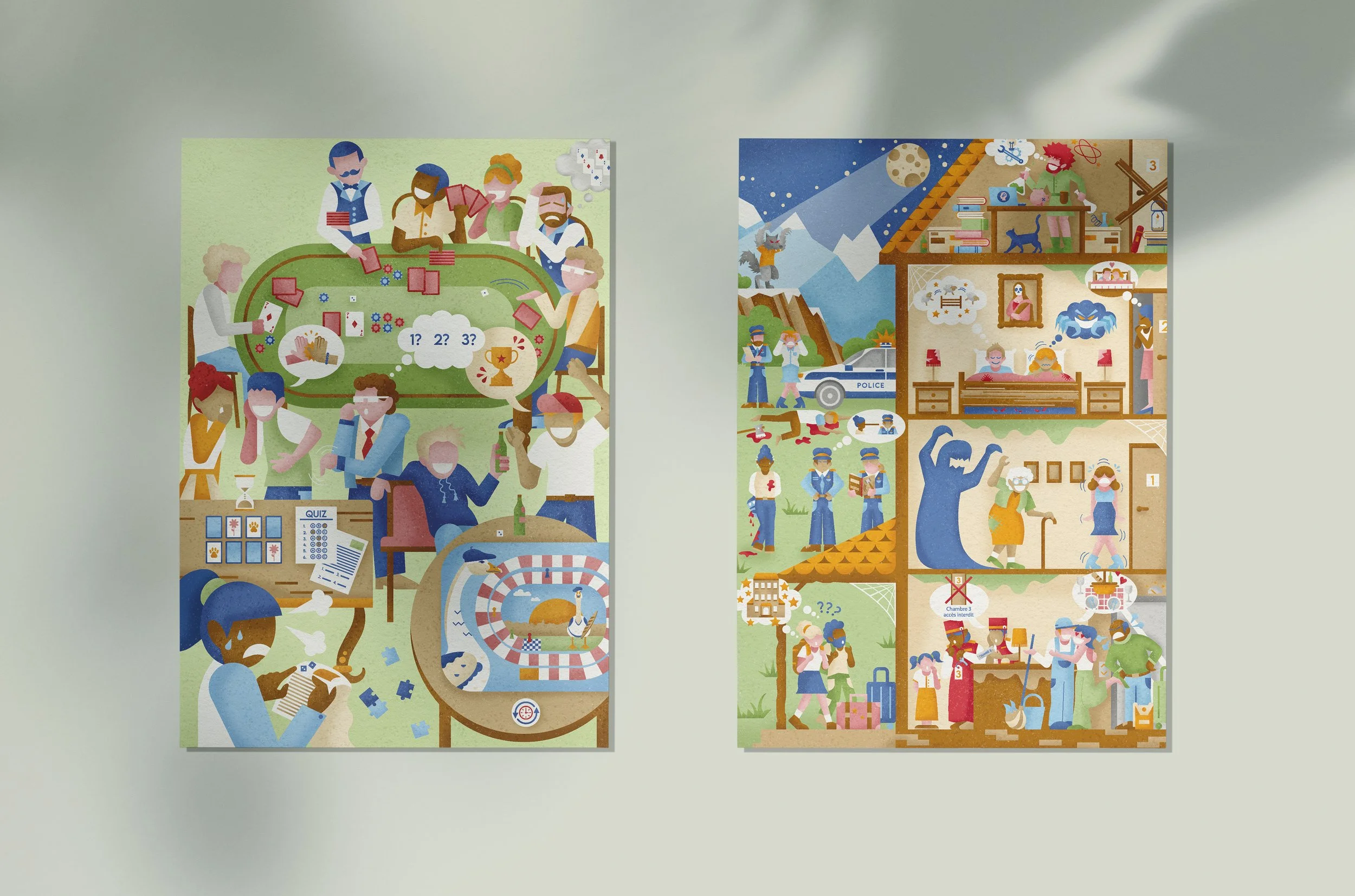 Two illustrated posters on a wall; one shows people playing board games, taking a quiz, and playing arcade games; the other shows a mountain rescue scene, police officers, hospital, and people in a house.