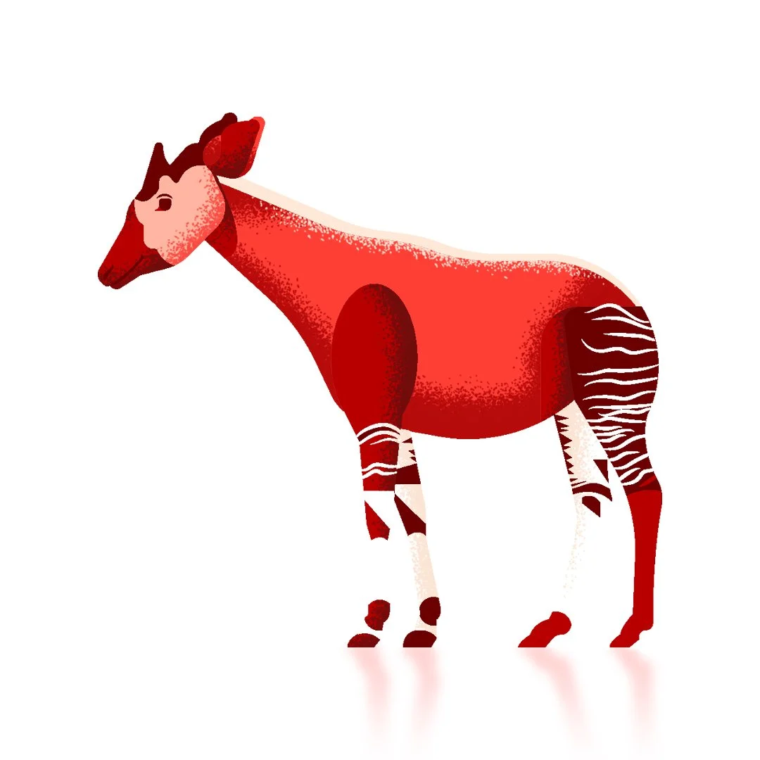 Stylized red horse illustration with abstract patterns on legs and body, facing left.