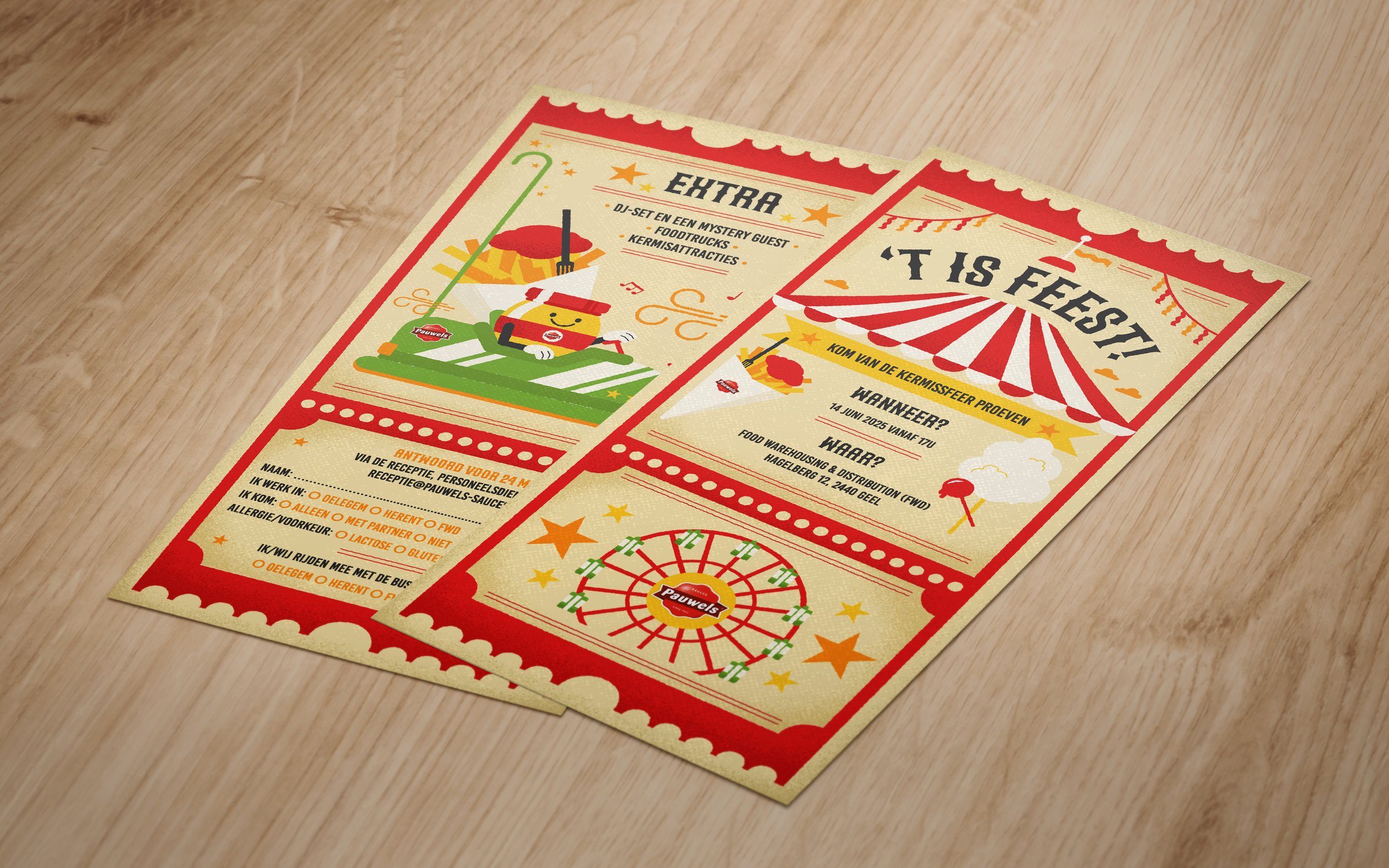 Colorful carnival flyer on a wooden surface, featuring a cartoon character on a green diving board, a red-and-white striped circus tent illustration, and a Ferris wheel with a Pauwels logo at the bottom.