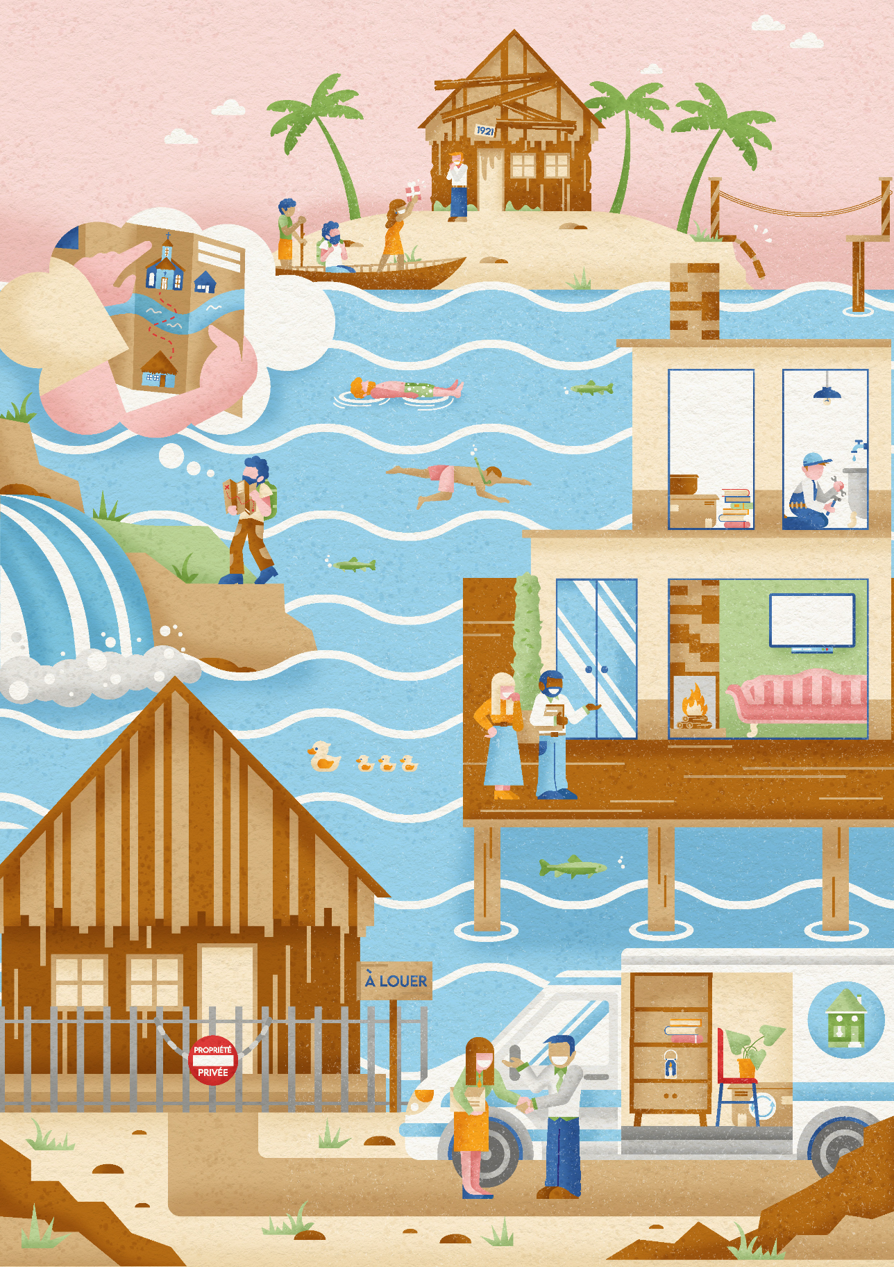 Cross-section illustration of a beachfront house with various activities: people swimming and snorkeling in the water, children building a sandcastle on the beach, a person taking photos, residents relaxing indoors, and others gardening and working. 