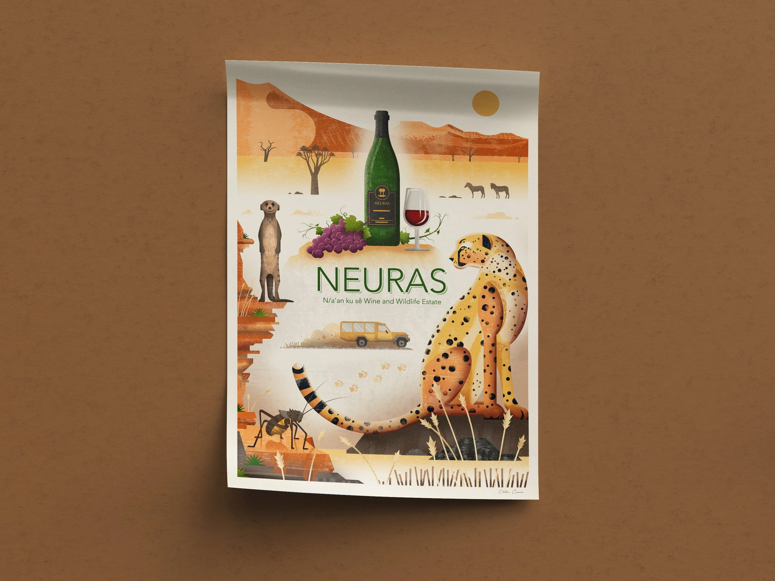 Illustrated poster for Neuras Wine and Wildlife Estate featuring desert landscape, leopard, giraffes, ant, grapes, wine bottle, and glass.