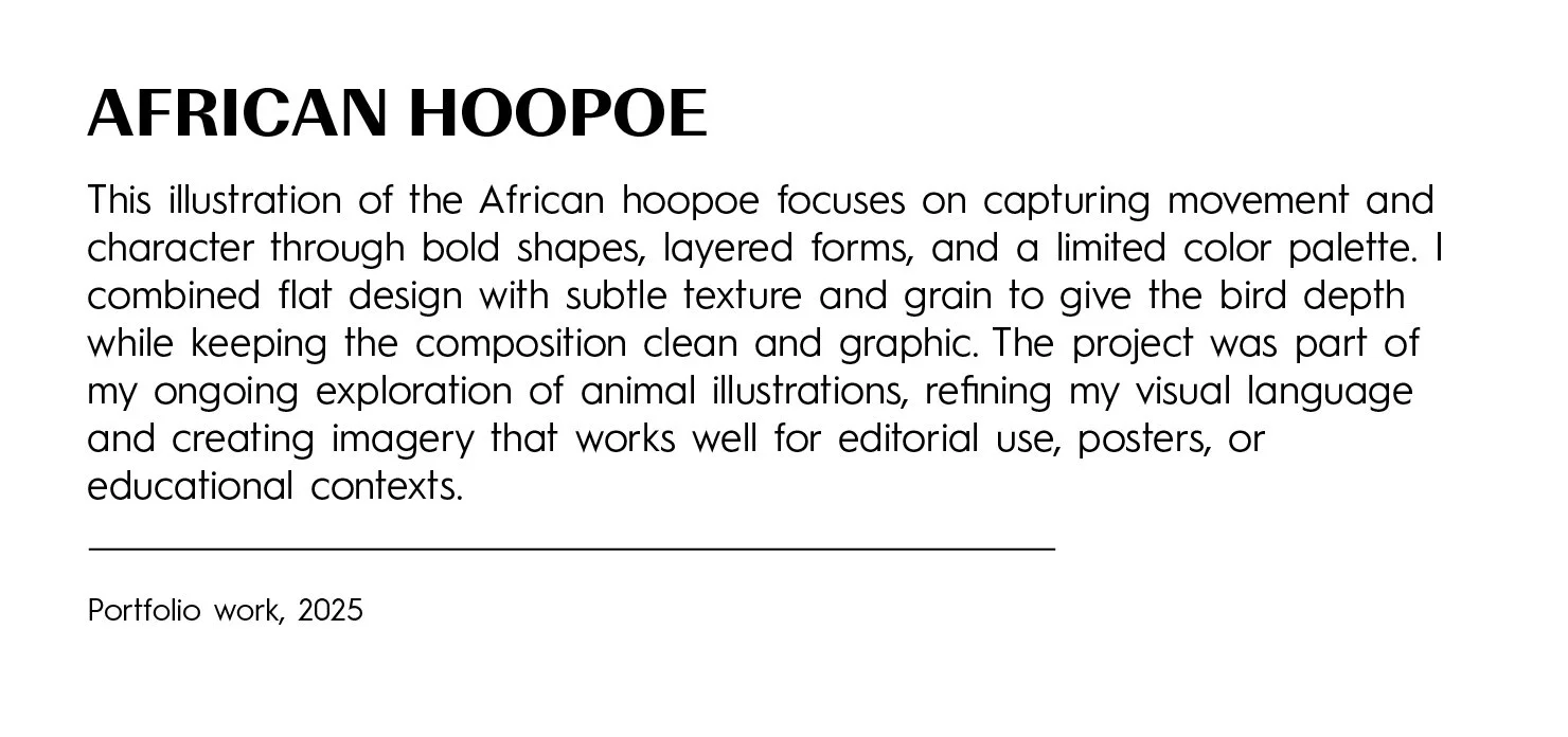 Page titled 'AFRICAN HOOPOE' with a paragraph describing an illustration of an African hoopoe bird focusing on bold shapes, layered forms, limited color palette, and subtle texture, part of an animal illustration exploration project for 2025.