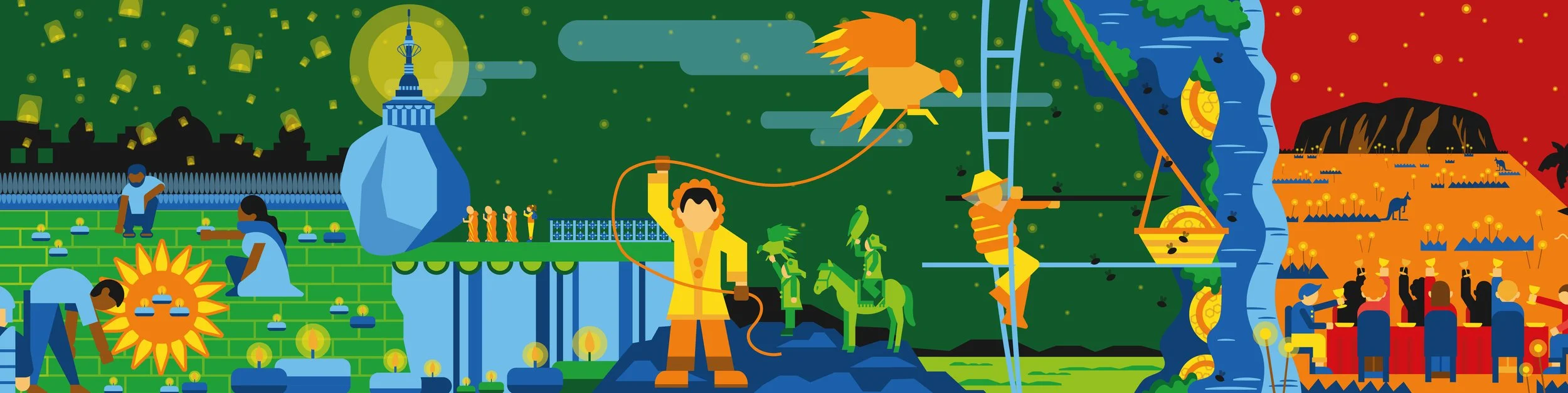 Colorful illustration depicting a variety of outdoor activities and scenes, including people planting, riding horses, fishing, and enjoying a festival, with a natural landscape and starry night sky in the background.