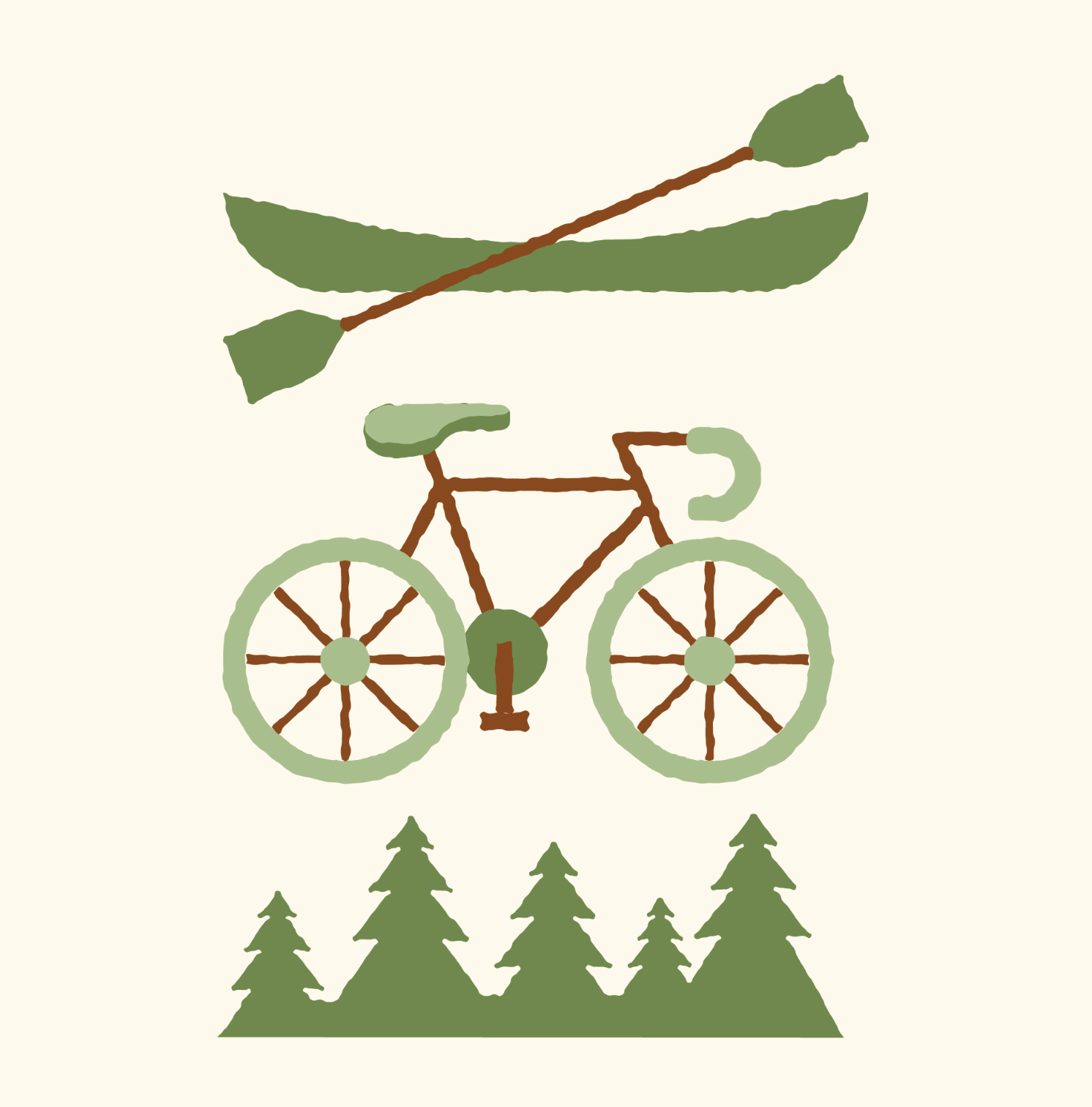 Illustration of a bicycle with a kanoo on top and pine trees below.