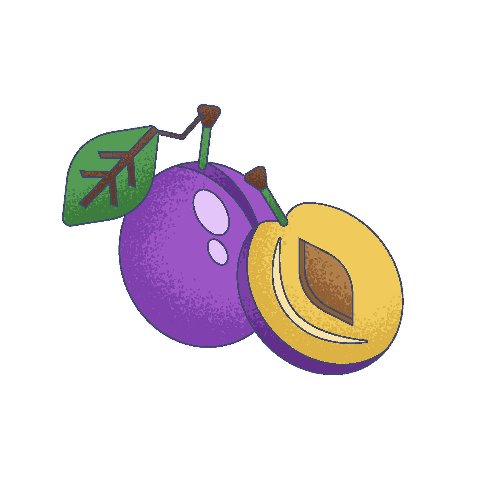 Colored illustration of a purple and yellow plum, with a green leaf attached to the stem.