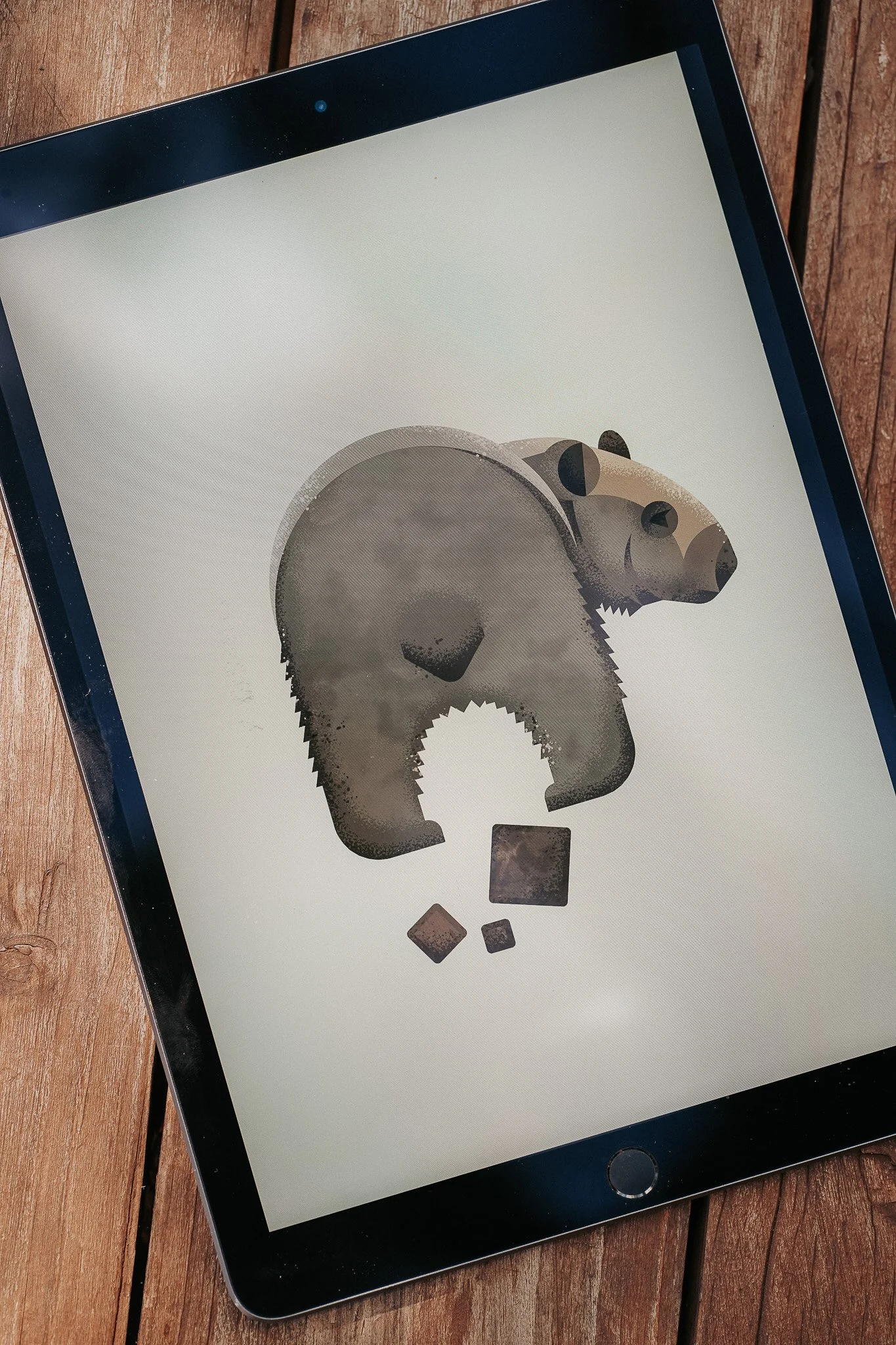Digital tablet displaying a stylized illustration of a wombat with poop at the bottom.