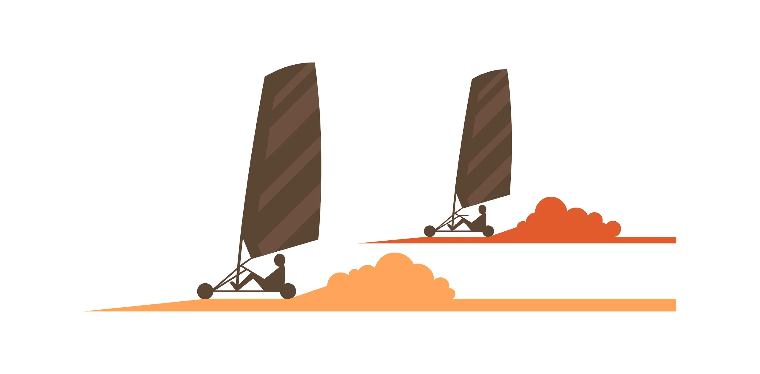 Two small terrain vehicles with large brown sails moving across desert-like terrain, kicking up dust behind them.