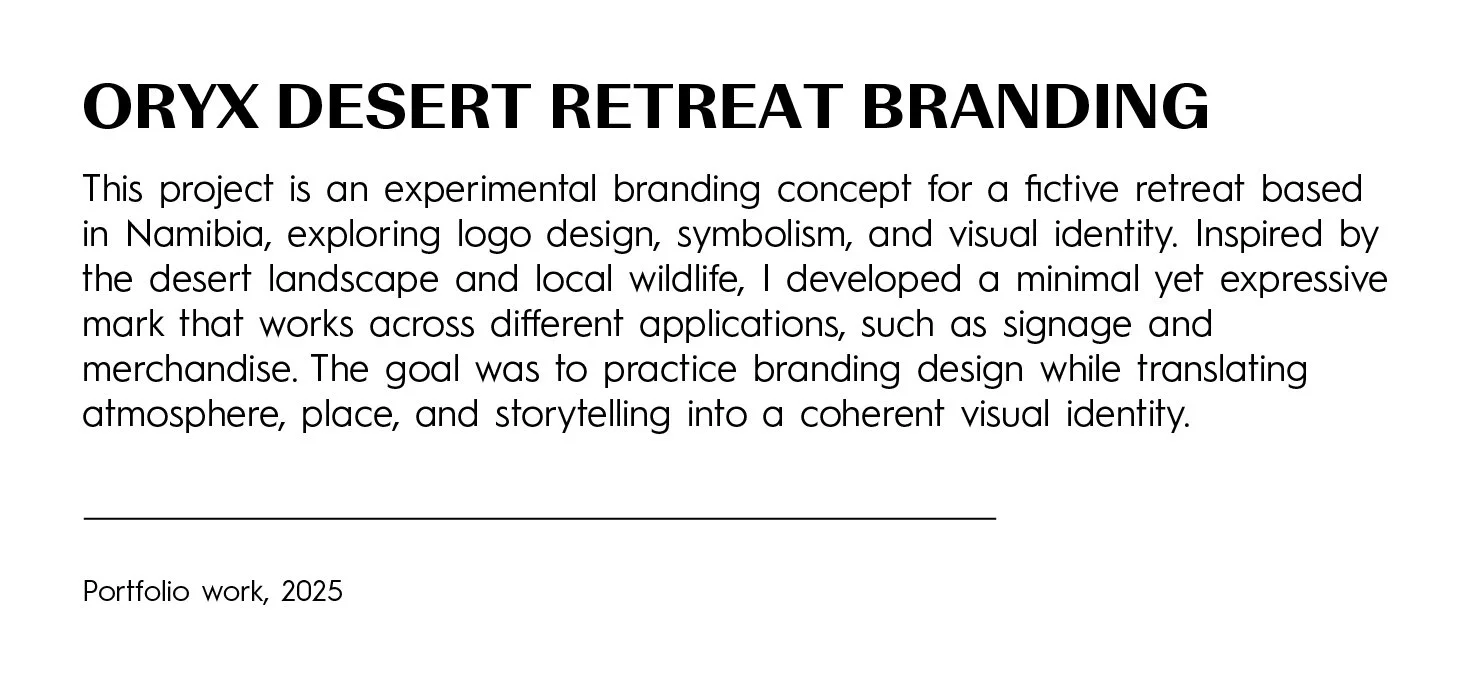 Text about branding project inspired by Namibia desert landscape and wildlife, focusing on logo design, symbolism, and visual identity practice.