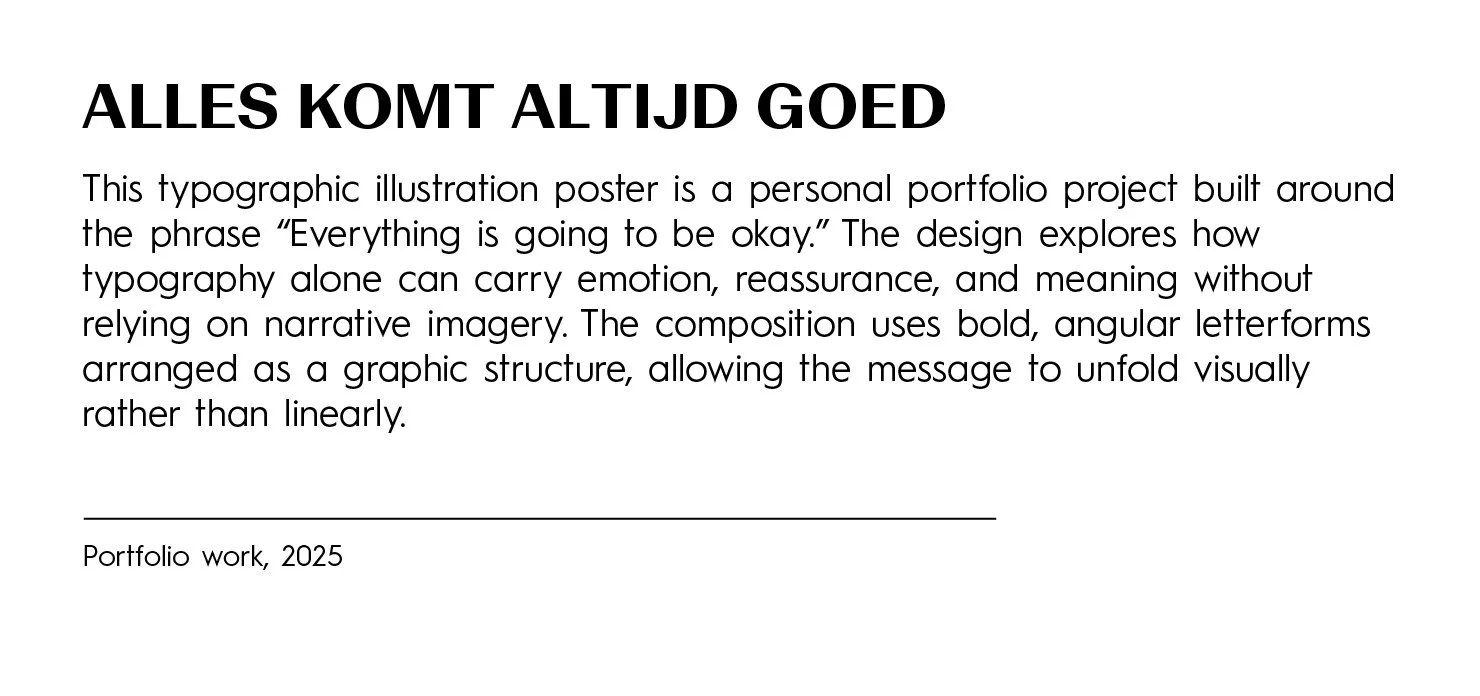 An art portfolio project poster titled 'Alles Komt Altijd Goed' with a description about typography and graphic design, dated 2025.