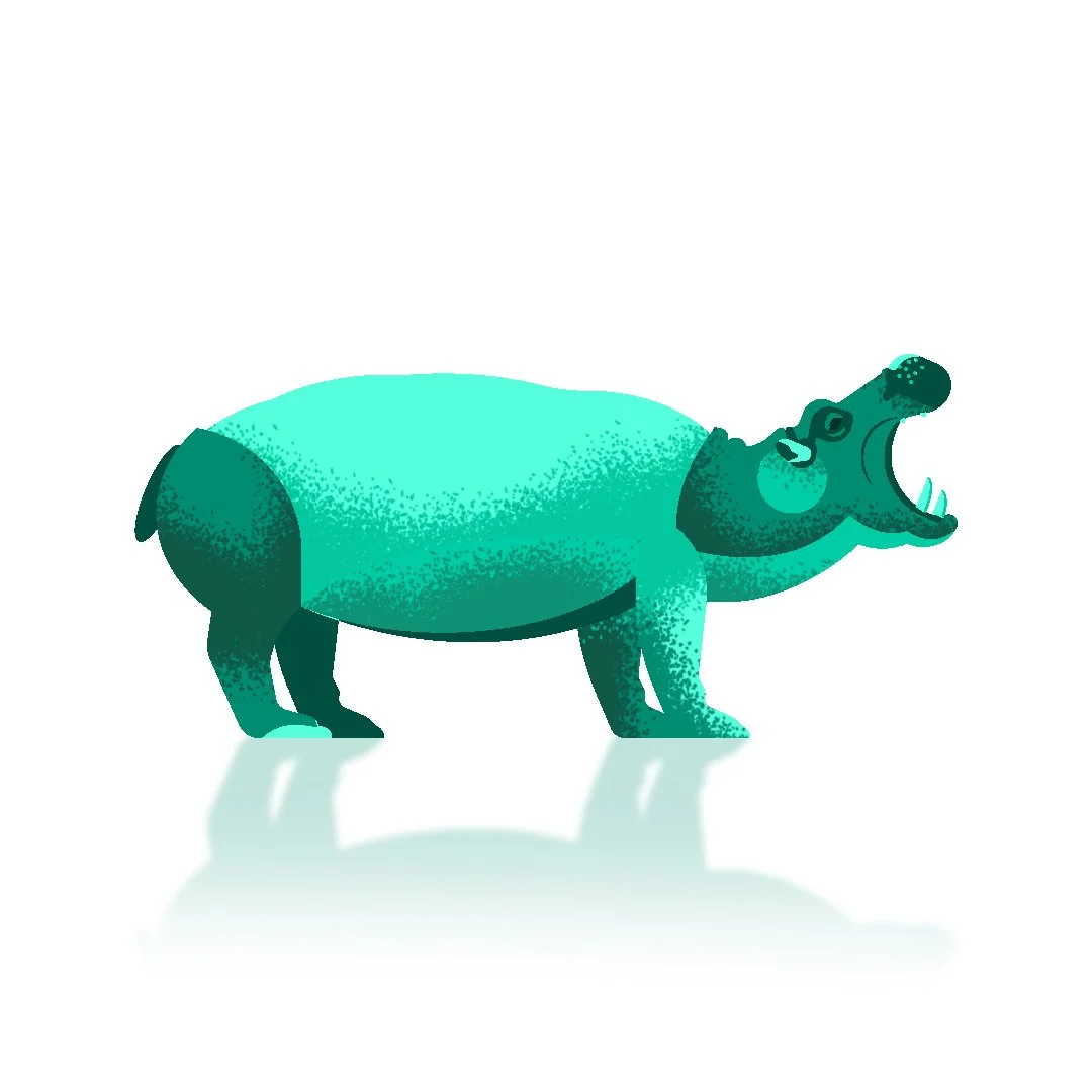 A stylized illustration of a hippopotamus with its mouth open, showing its teeth, in shades of teal and blue.