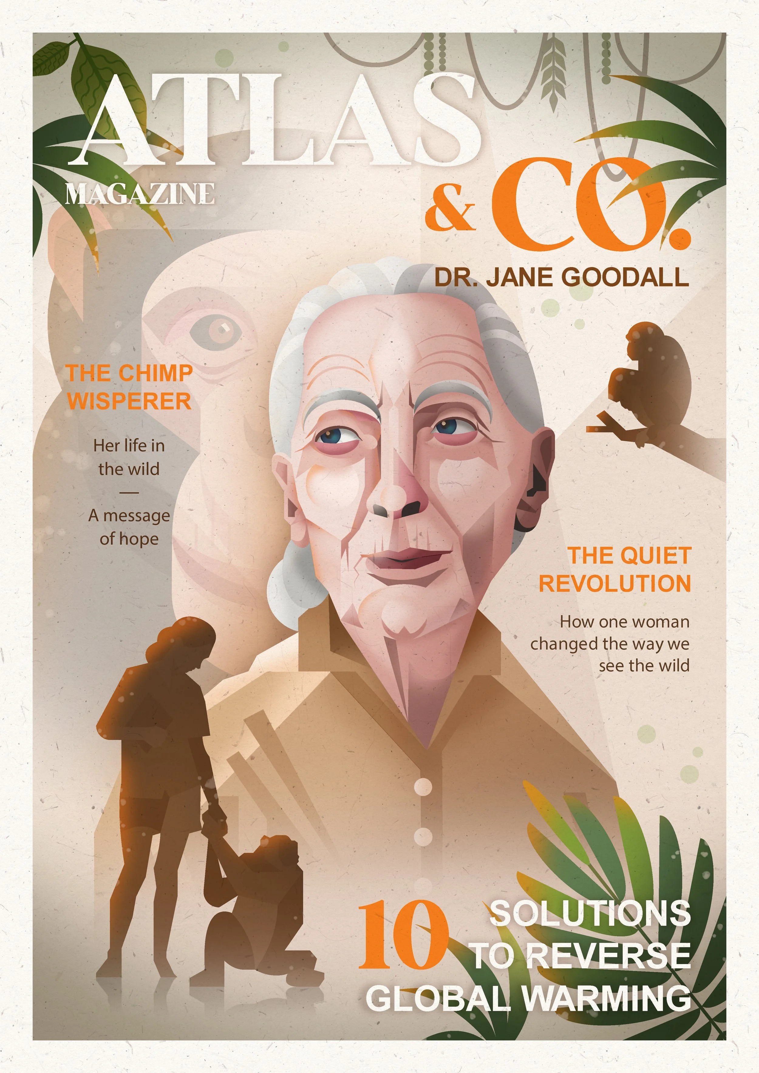Cover of Atlas & Co. magazine featuring a stylized portrait of Dr. Jane Goodall, with titles about her work and solutions to reverse global warming, surrounded by tropical leaves and silhouettes of a woman and child.