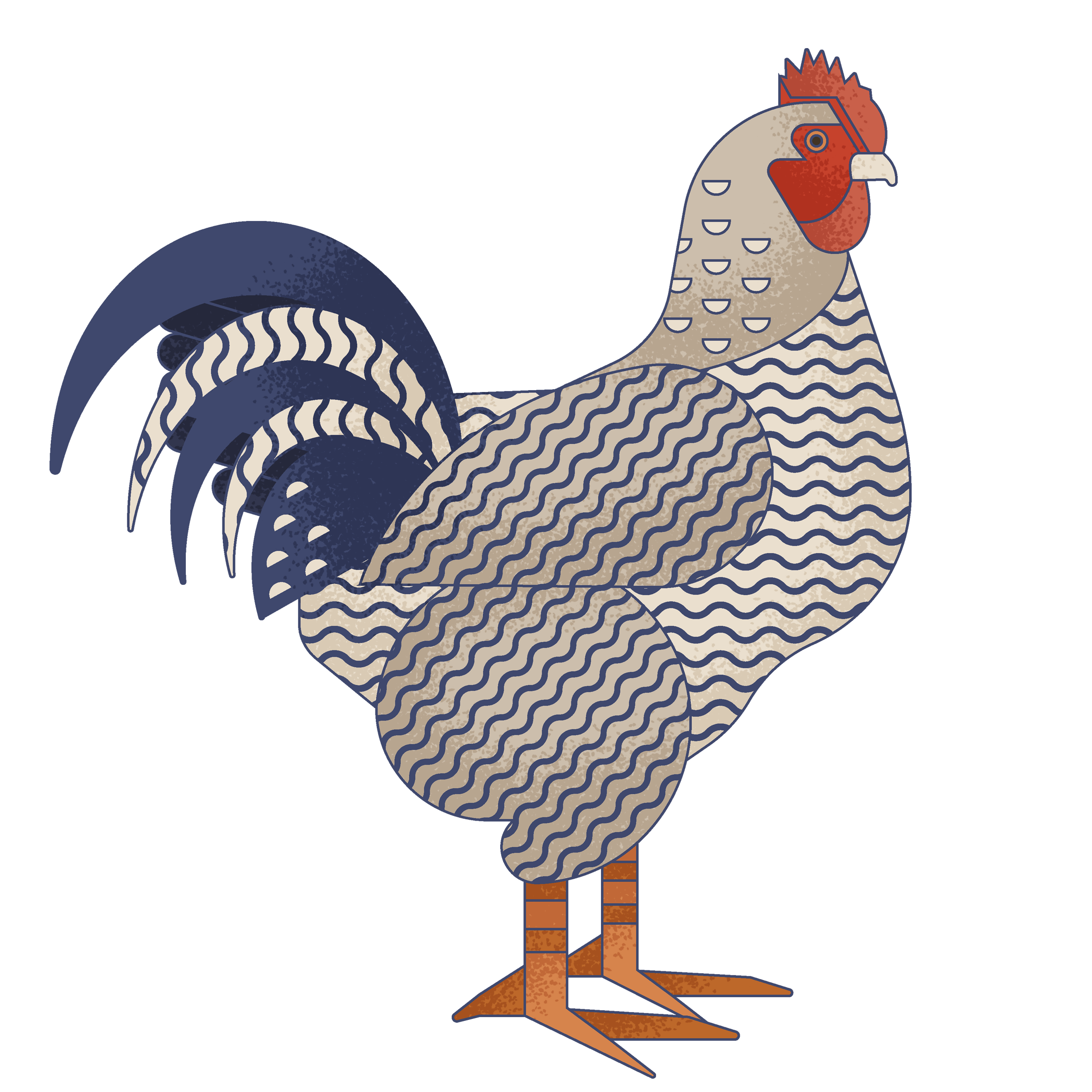 Stylized illustration of a rooster with a patterned body, red comb, and orange legs, standing against a geometric background.