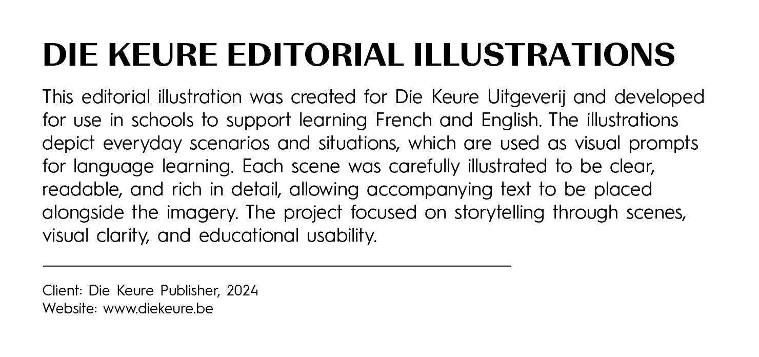 Text titled 'DIE KEURE EDITORIAL ILLUSTRATIONS' with a description of the purpose of the illustrations for language learning, and client and website information at the bottom.