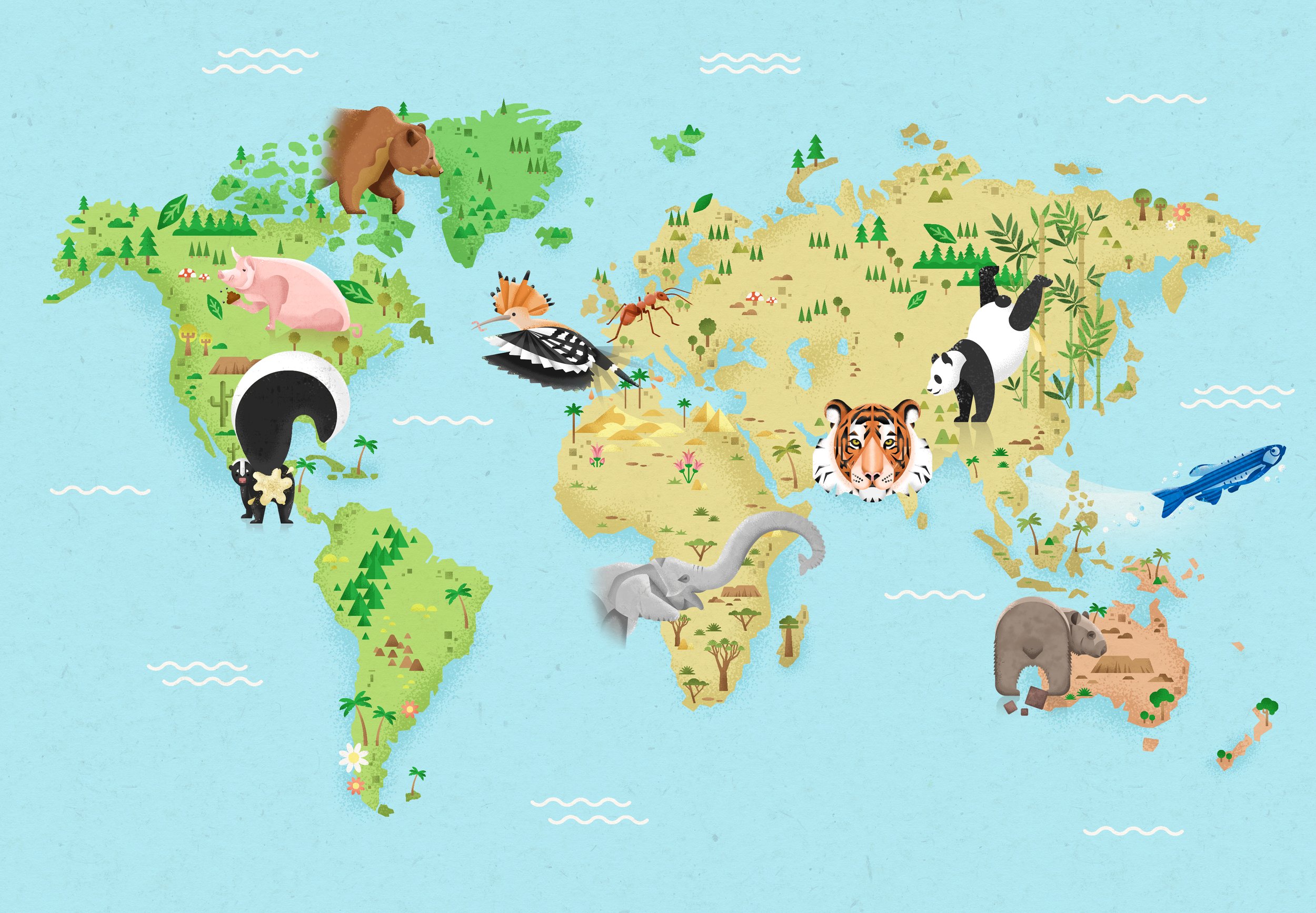 World map with illustrations of various animals in their respective regions: bear and pig in North America, elephant in Africa, tiger in Asia, koala in Australia, whale in the ocean, penguin in Antarctica, bird, ant, and cactus in different regions.
