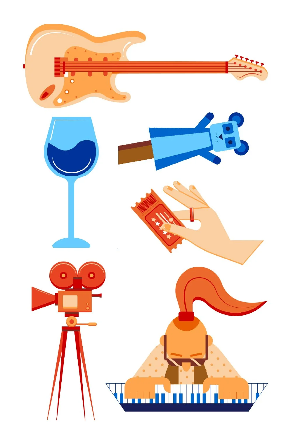 Illustration of a guitar, a teddy bear, a wine glass, a movie camera, a hand holding a ticket, a dog playing a keyboard, and a movie clapperboard.