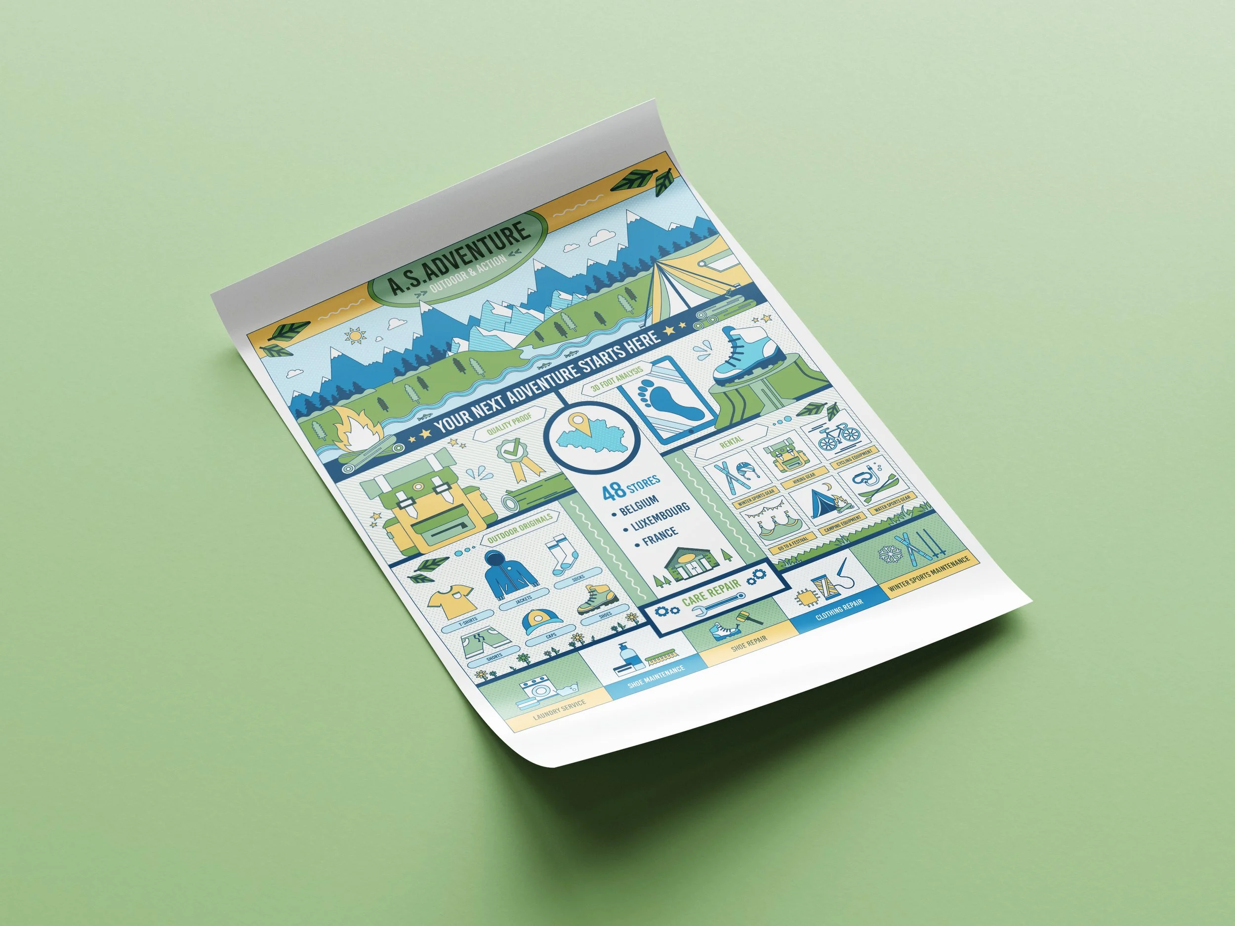 Colorful outdoor adventure flyer with mountains, tents, and outdoor activities, featuring icons of hiking, cycling, and camping equipment.