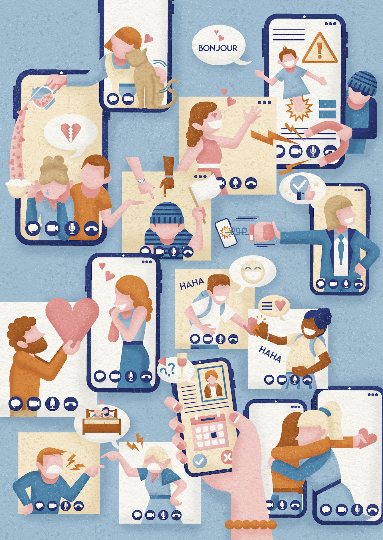 Illustration of multiple people engaged in video calls, expressing emotions like love, laughter, and surprise, with various chat bubbles, emojis, and icons representing communication.