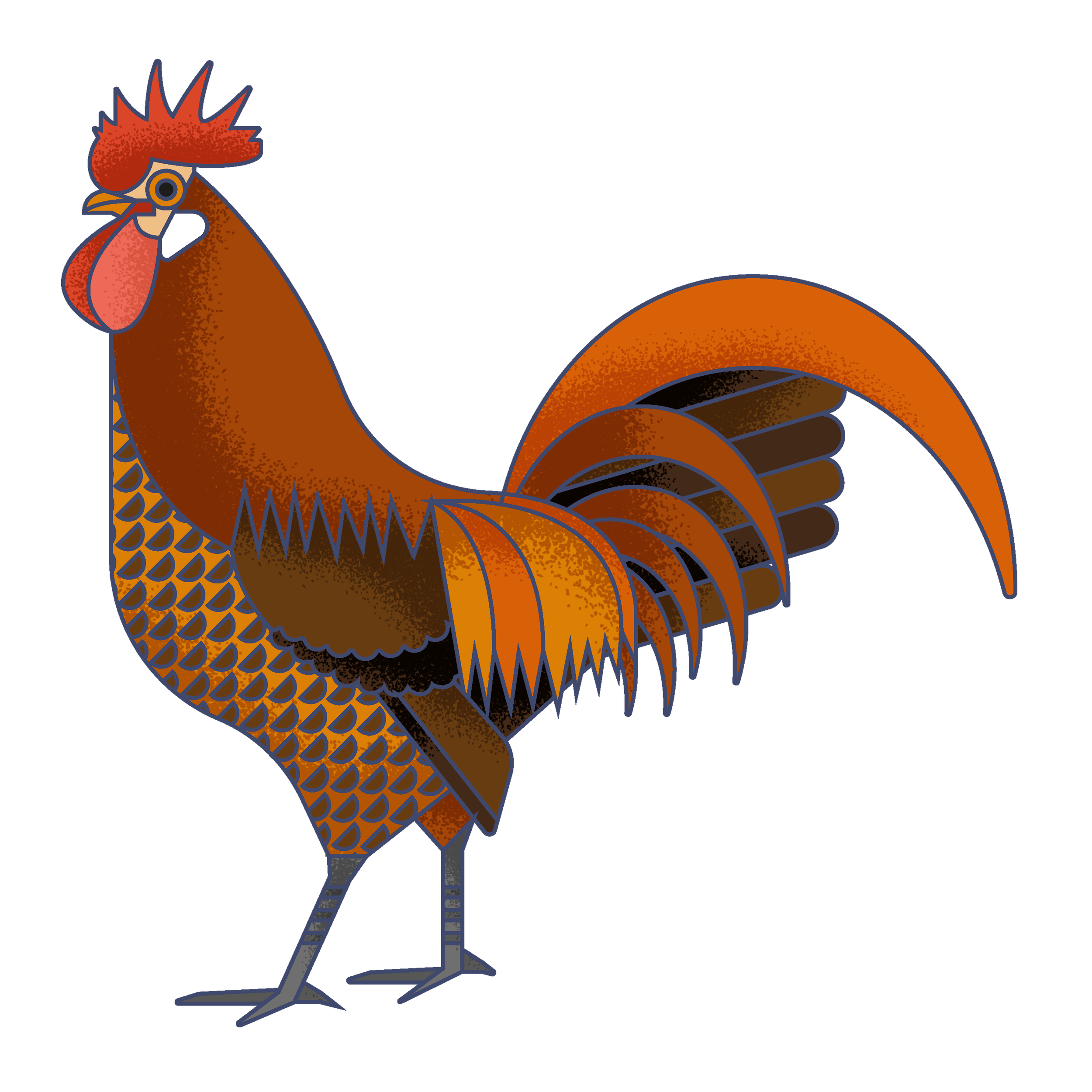 Stylized illustration of a rooster with bright red comb, brown and orange feathers, and black tail feathers against a dark blue background.