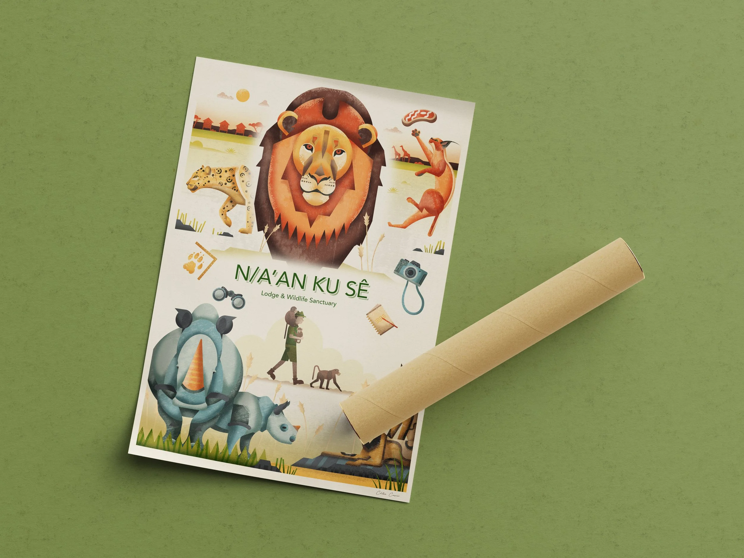Flyer for N'A'AN KU SE Lodge & Wildlife Sanctuary featuring illustrations of a lion, cheetah, hyena, and wildlife activities, with a rolled-up paper on a green background.