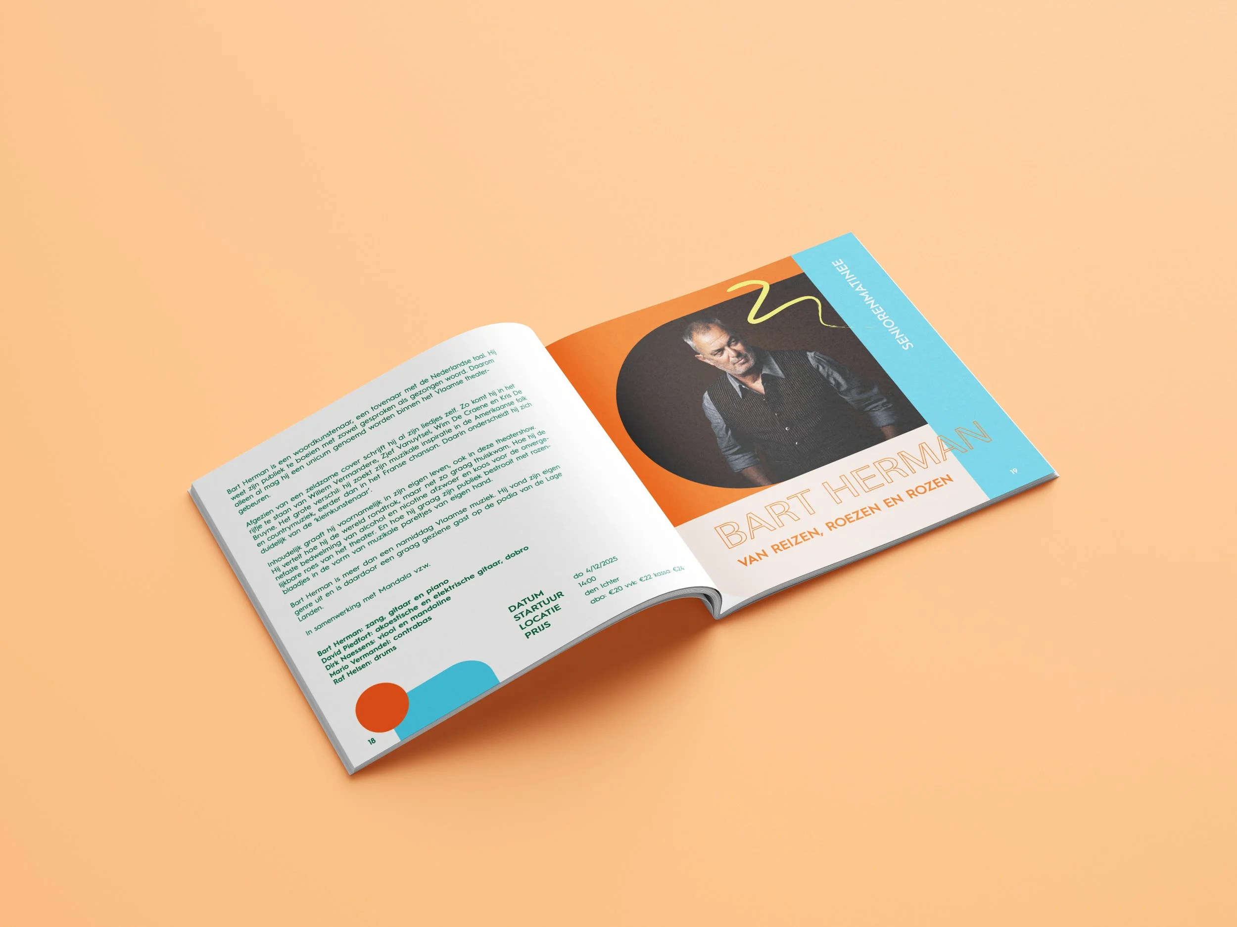 Open magazine featuring an article about Bart Herman, showing a photo of him on the right page with a blue and orange theme, and text in Dutch.