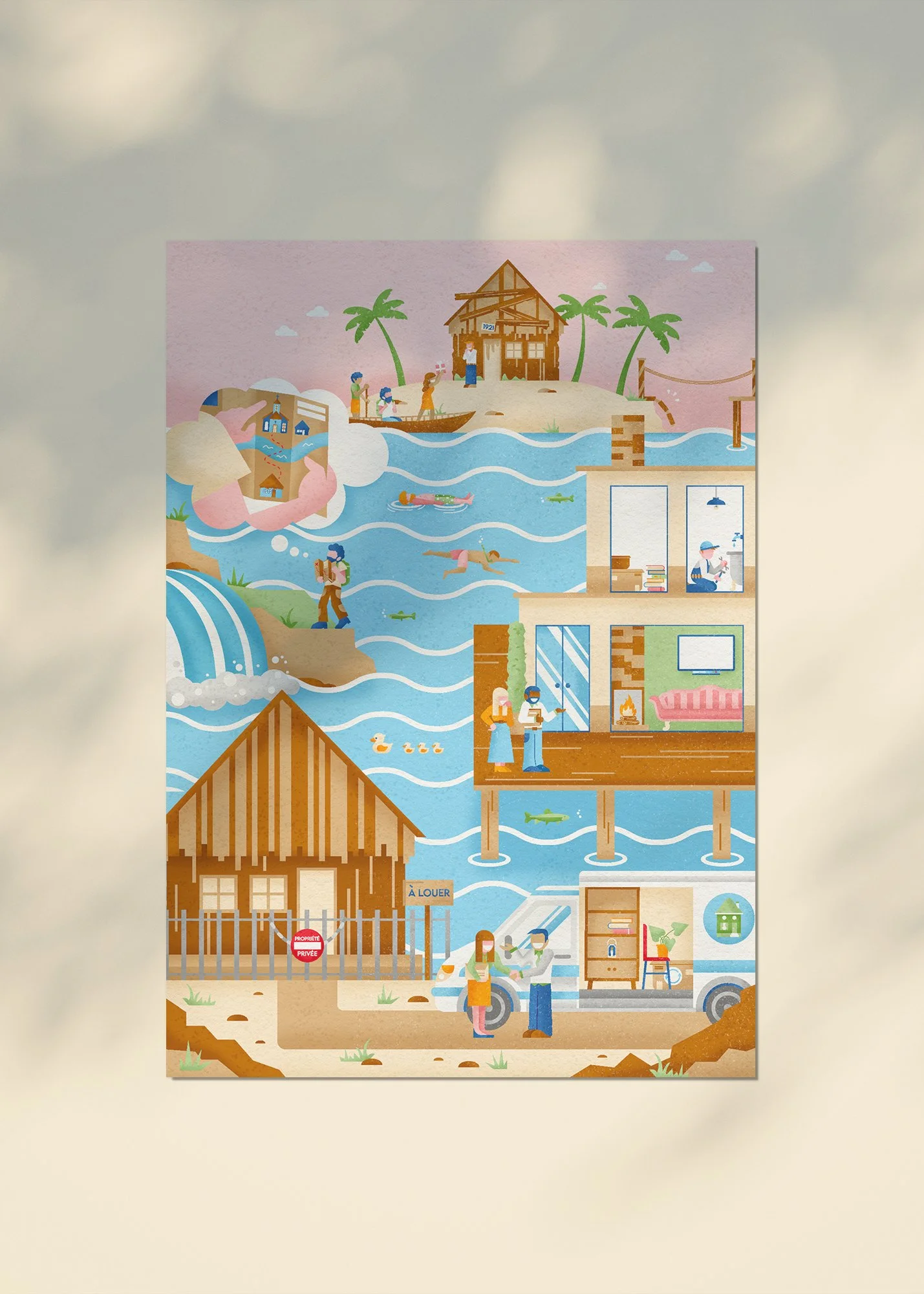 Illustration of a multi-level house with activities including swimming, snorkeling, and relaxation, set in a tropical environment with palm trees, a beach, and Airbnb rental signs.