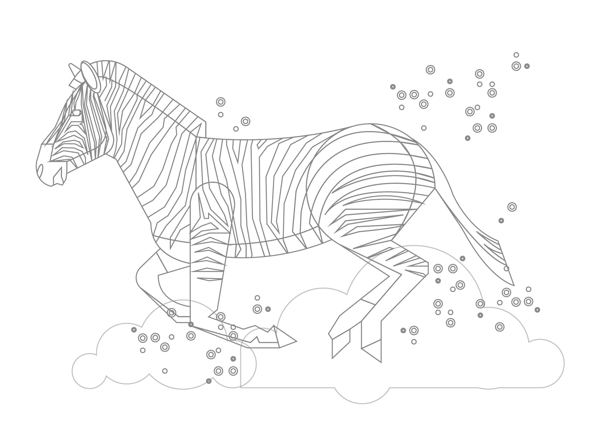 Outline drawing of a zebra jumping through clouds with dots and circles in the background.