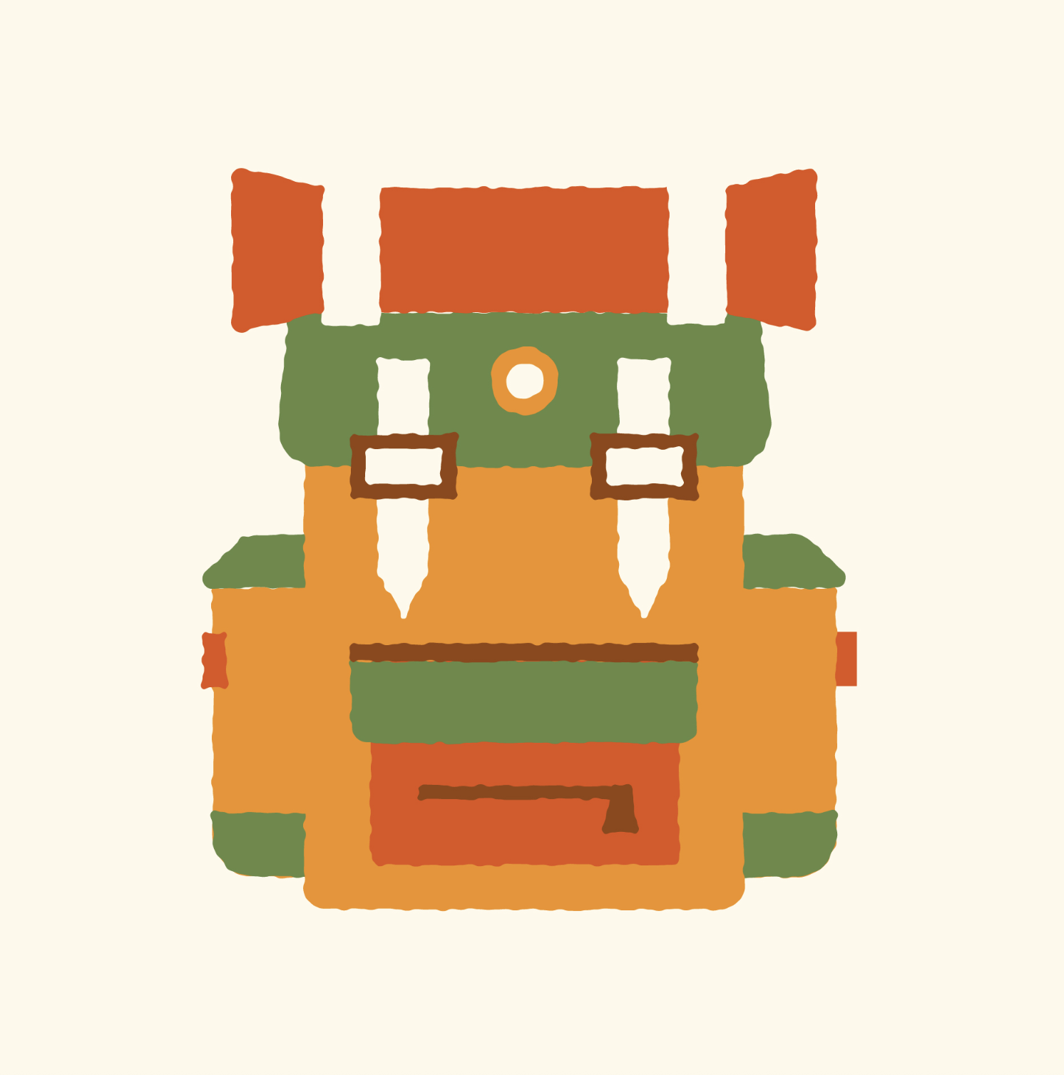 Illustration of a stylized bagpack with orange, green, and brown colors on a beige background.