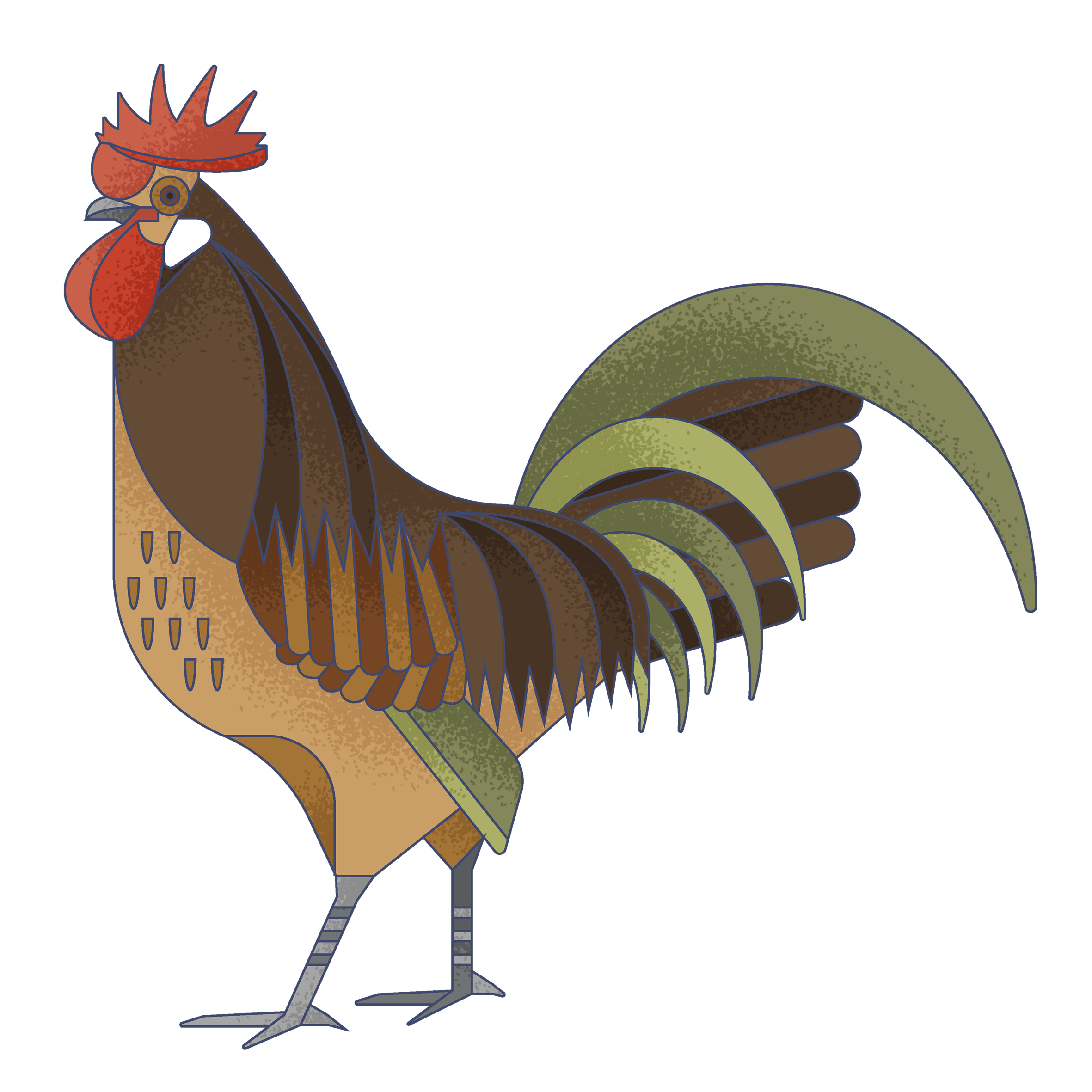 Stylized illustration of a rooster with a colorful tail, brown and green feathers, red comb and wattles, set against a dark blue background.